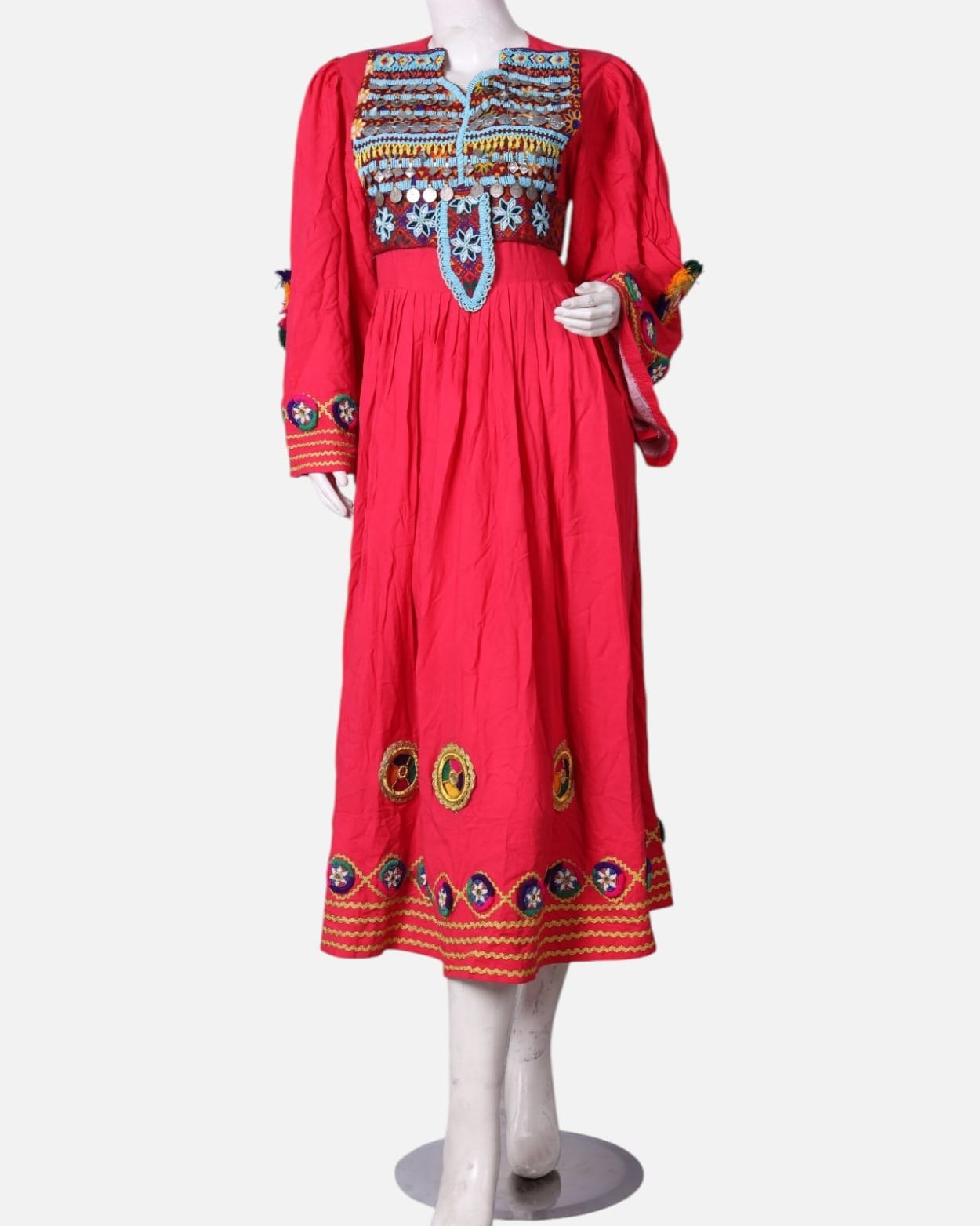 Red  Dress with Colorful Embroidery – Traditional Handmade Dress for Women
