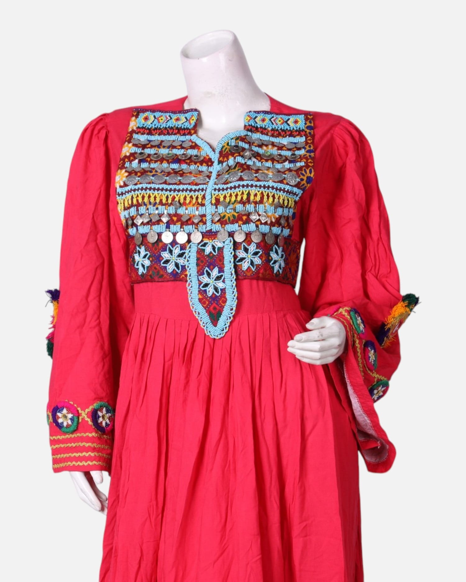 Red  Dress with Colorful Embroidery – Traditional Handmade Dress for Women