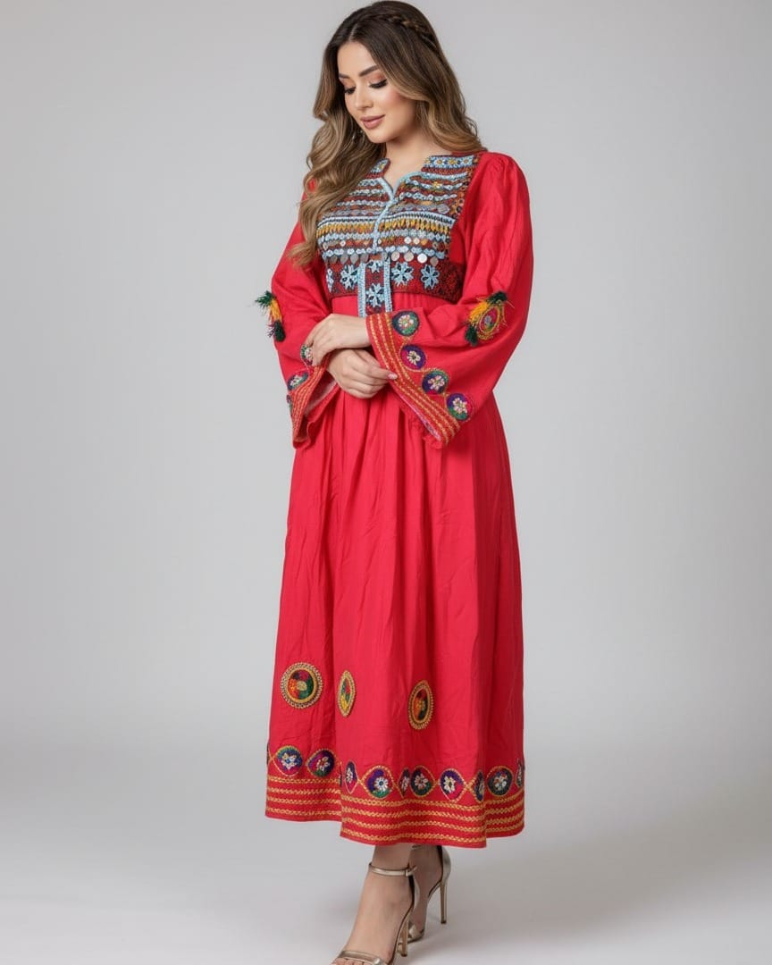 Red  Dress with Colorful Embroidery – Traditional Handmade Dress for Women