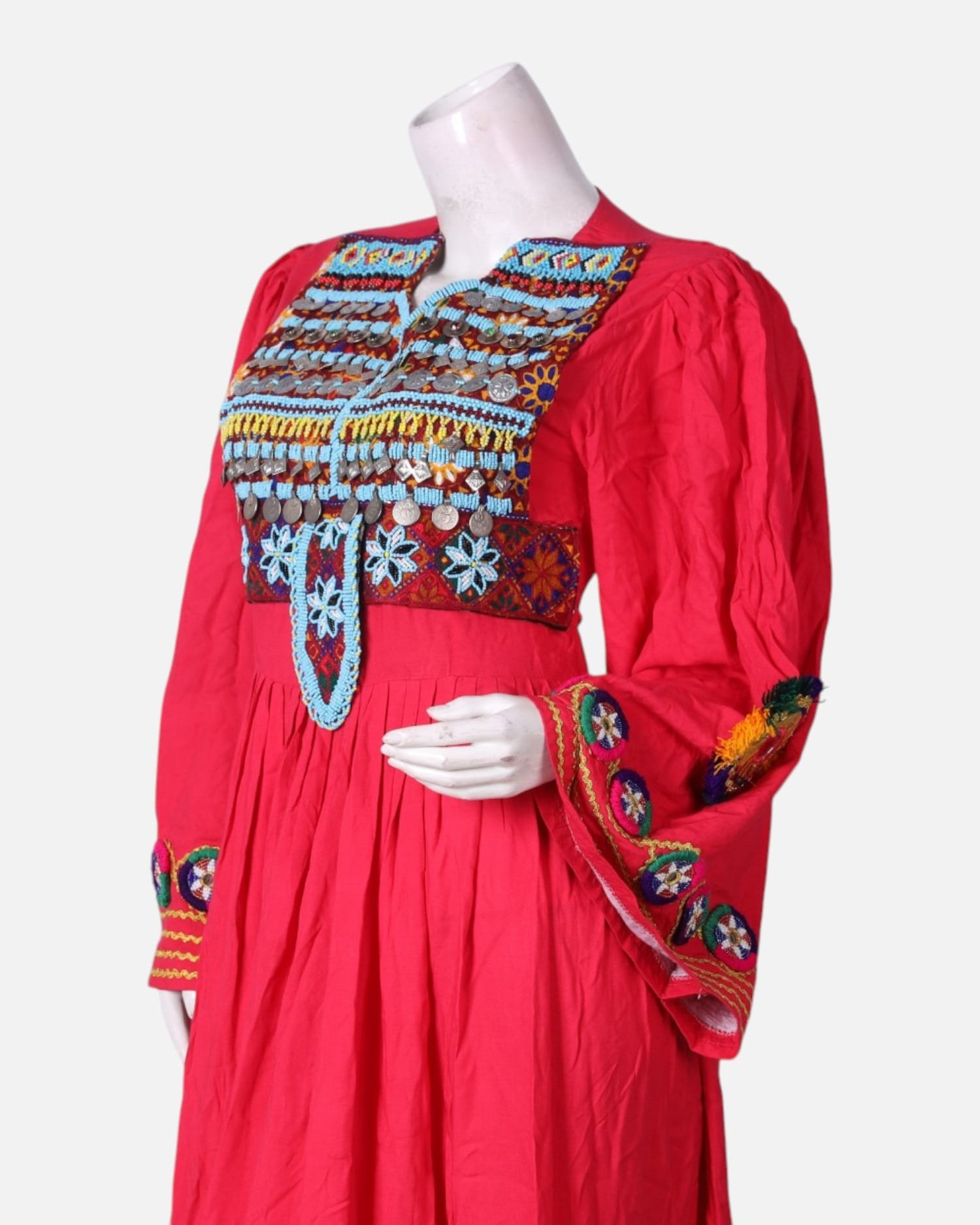 Red  Dress with Colorful Embroidery – Traditional Handmade Dress for Women