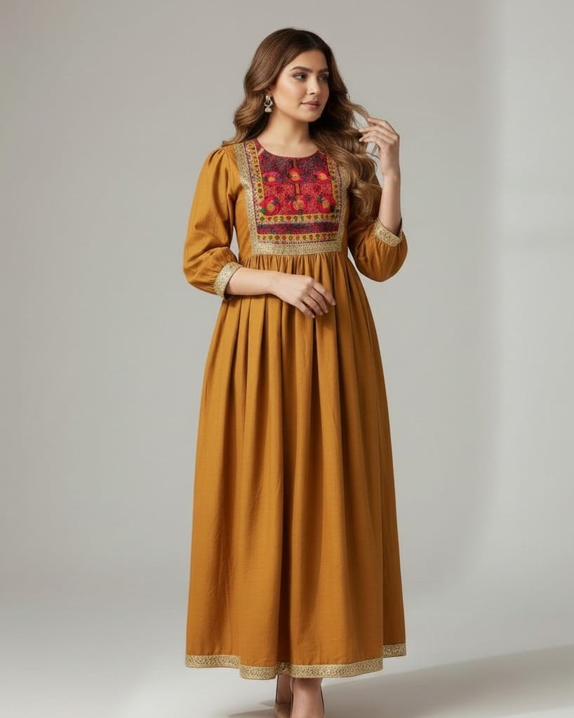 Handmade Embroidered Dress: Mustard Ethnic Kaftan, Wedding & Party Wear