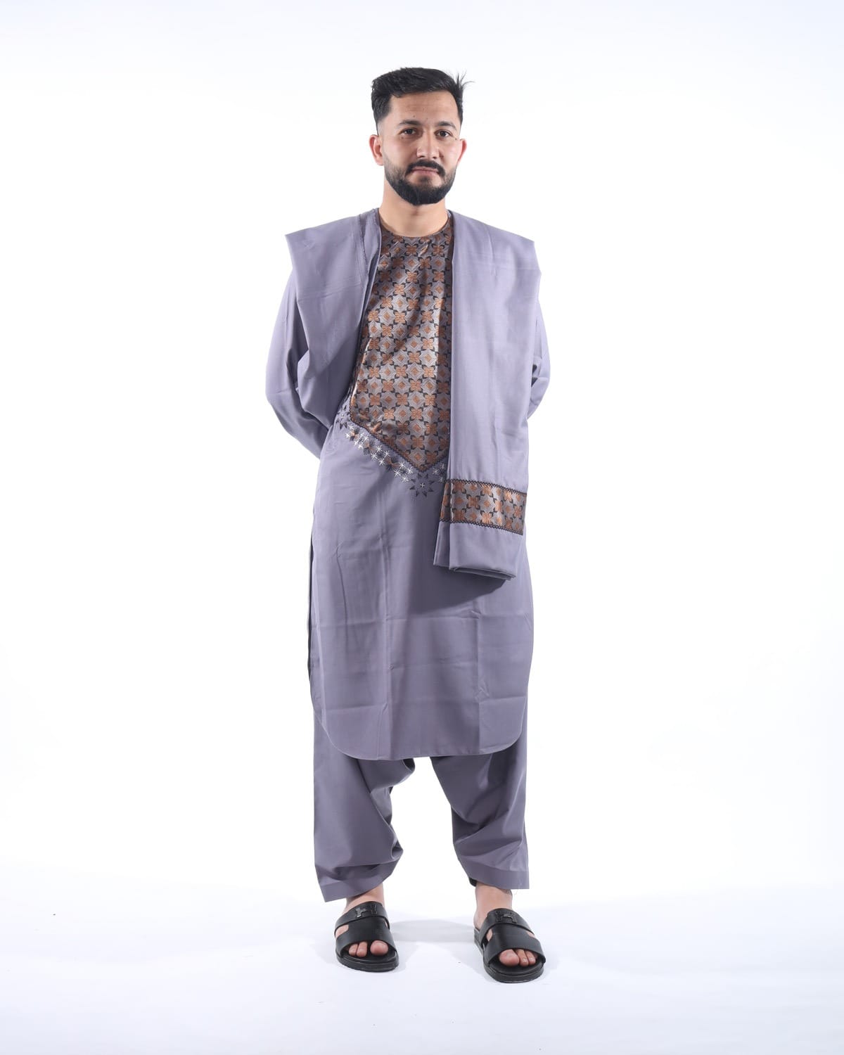Light Grey Afghani Men Embroidery Style with Shawl