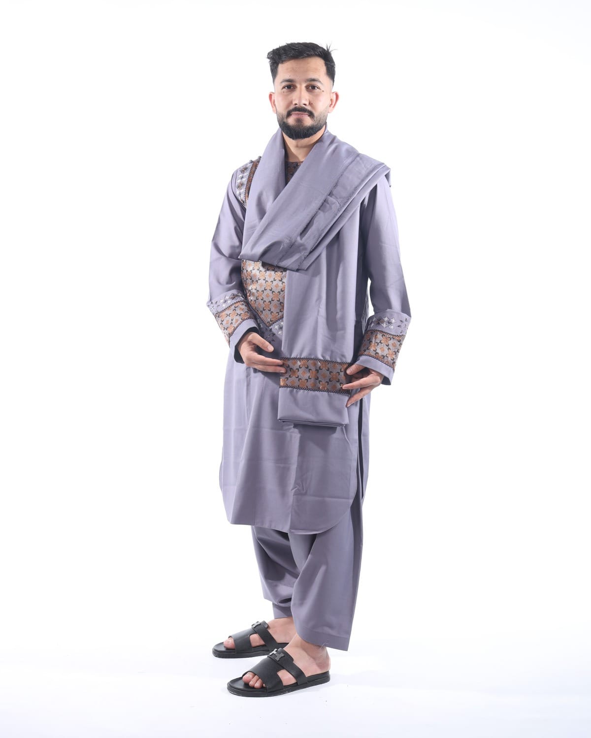 Light Grey Afghani Men Embroidery Style with Shawl