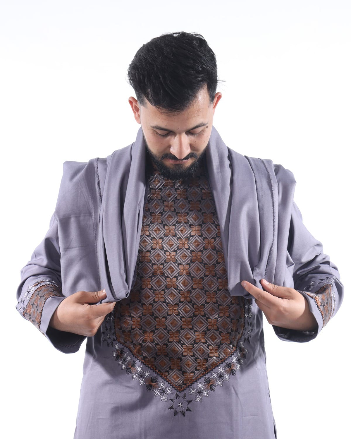 Light Grey Afghani Men Embroidery Style with Shawl