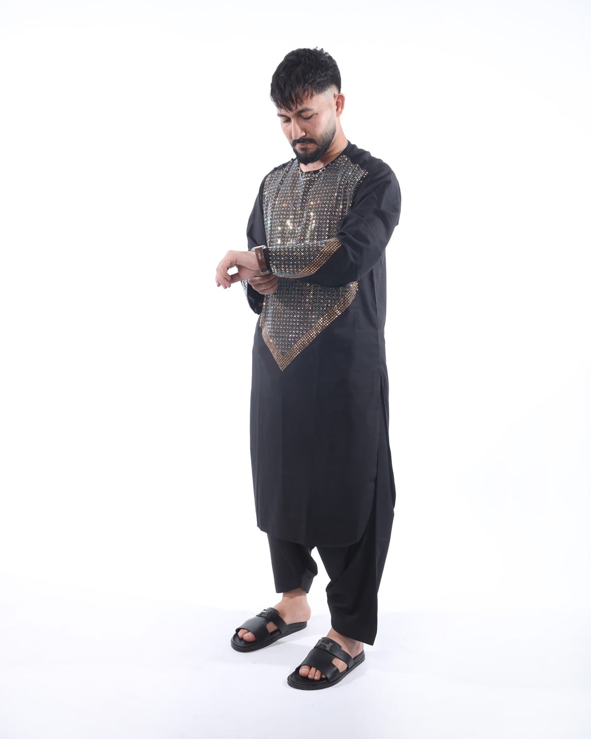 Men Afghani Crystal Style Pehran Tumban Black Embroidered Outfit