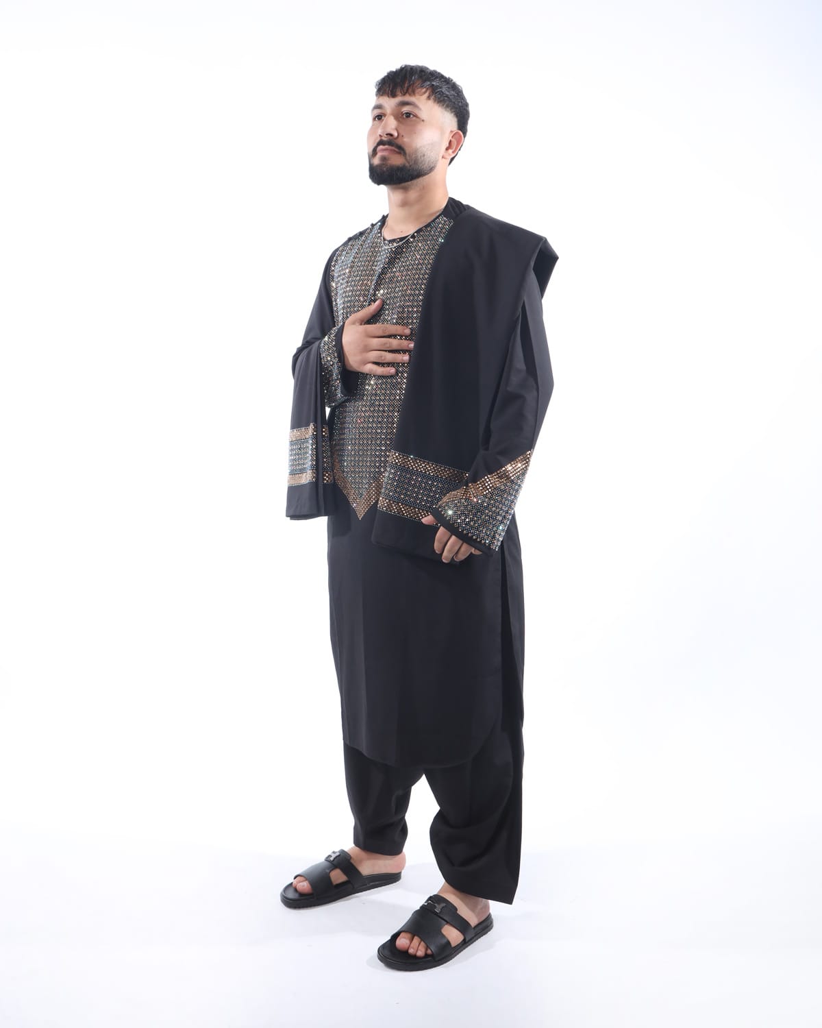 Men Afghani Crystal Style Pehran Tumban Black Embroidered Outfit