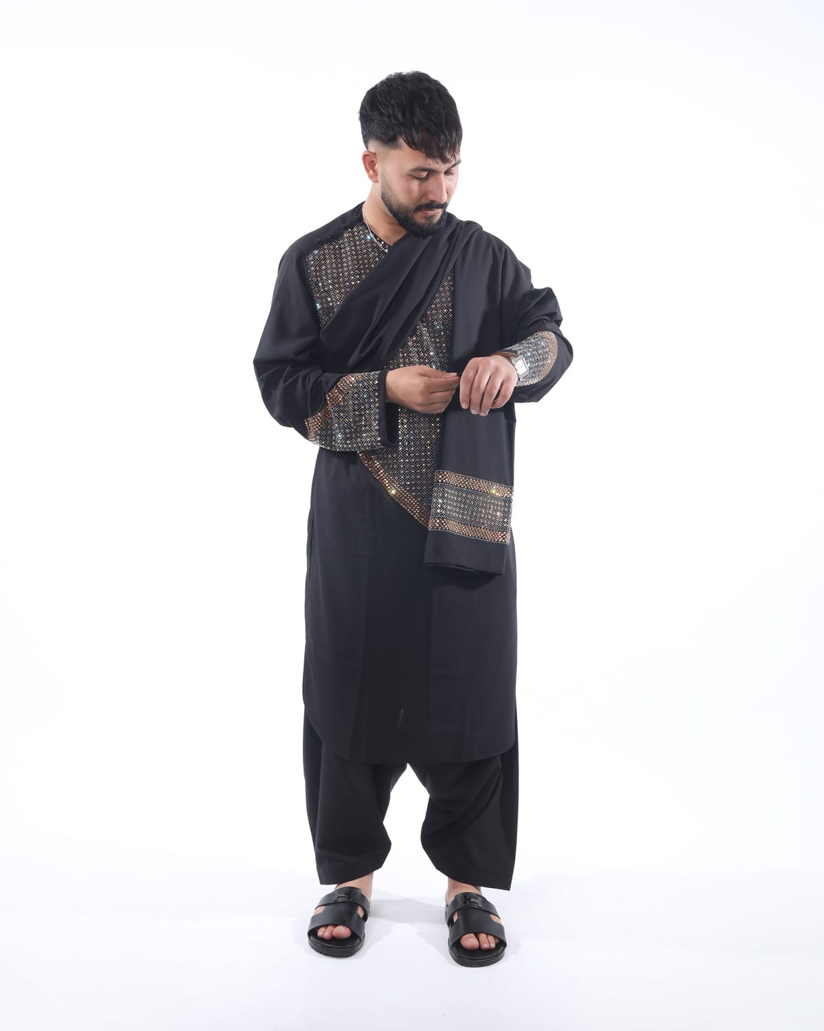 Men Afghani Crystal Style Pehran Tumban Black Embroidered Outfit
