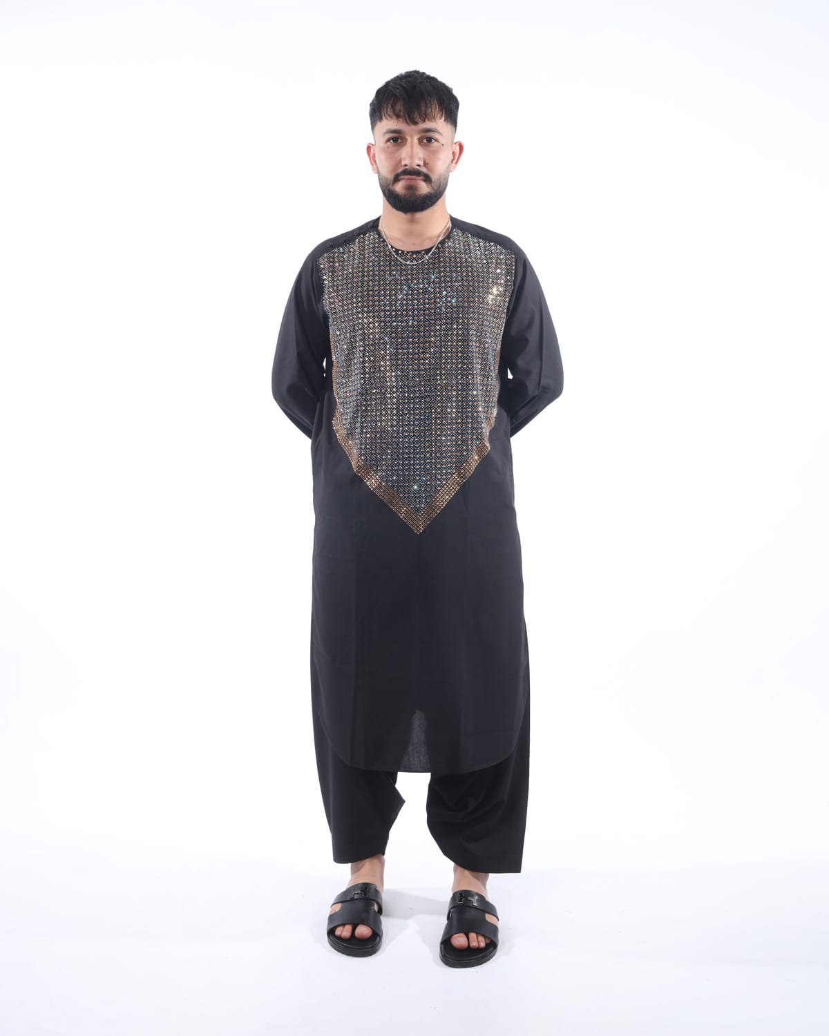 Men Afghani Crystal Style Pehran Tumban Black Embroidered Outfit