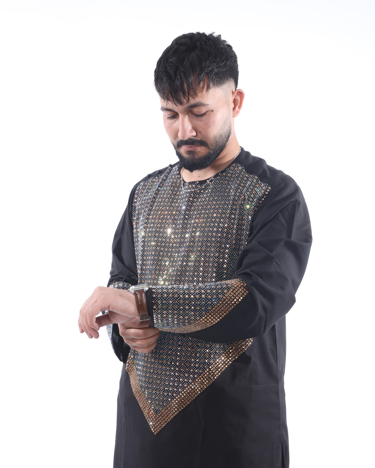 Men Afghani Crystal Style Pehran Tumban Black Embroidered Outfit