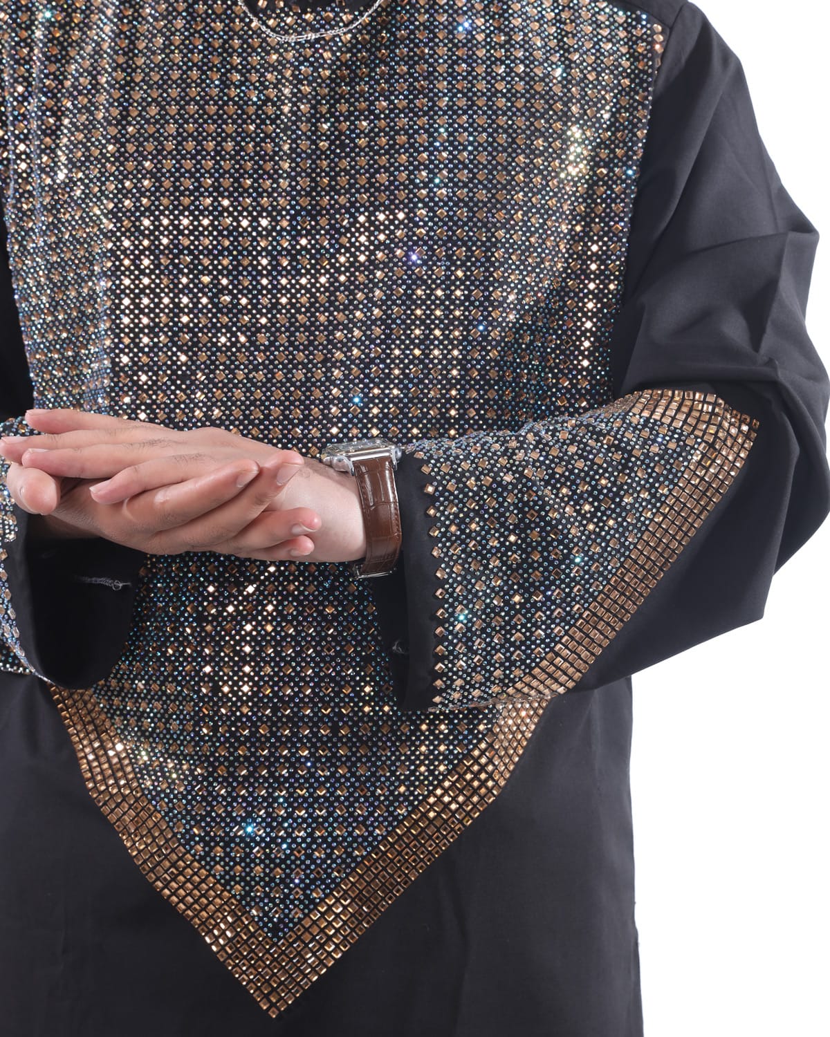 Men Afghani Crystal Style Pehran Tumban Black Embroidered Outfit