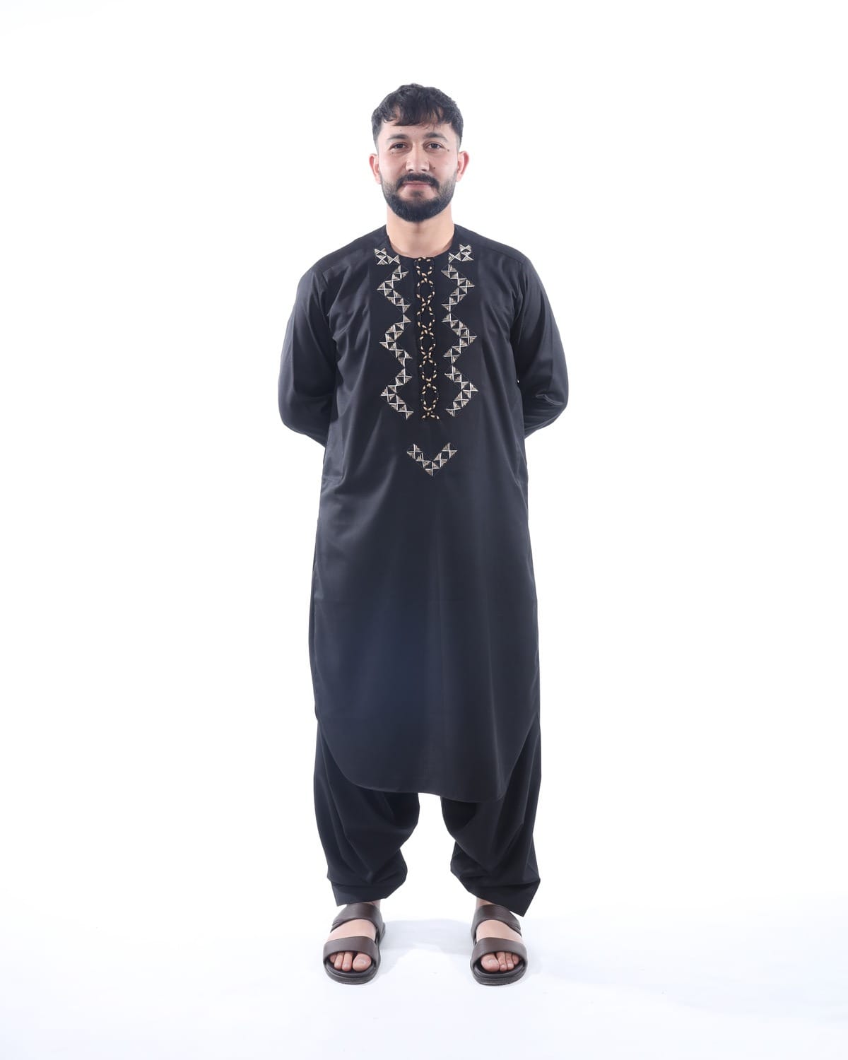 Black Arabic Men Design Pehran Tumban with Shawl