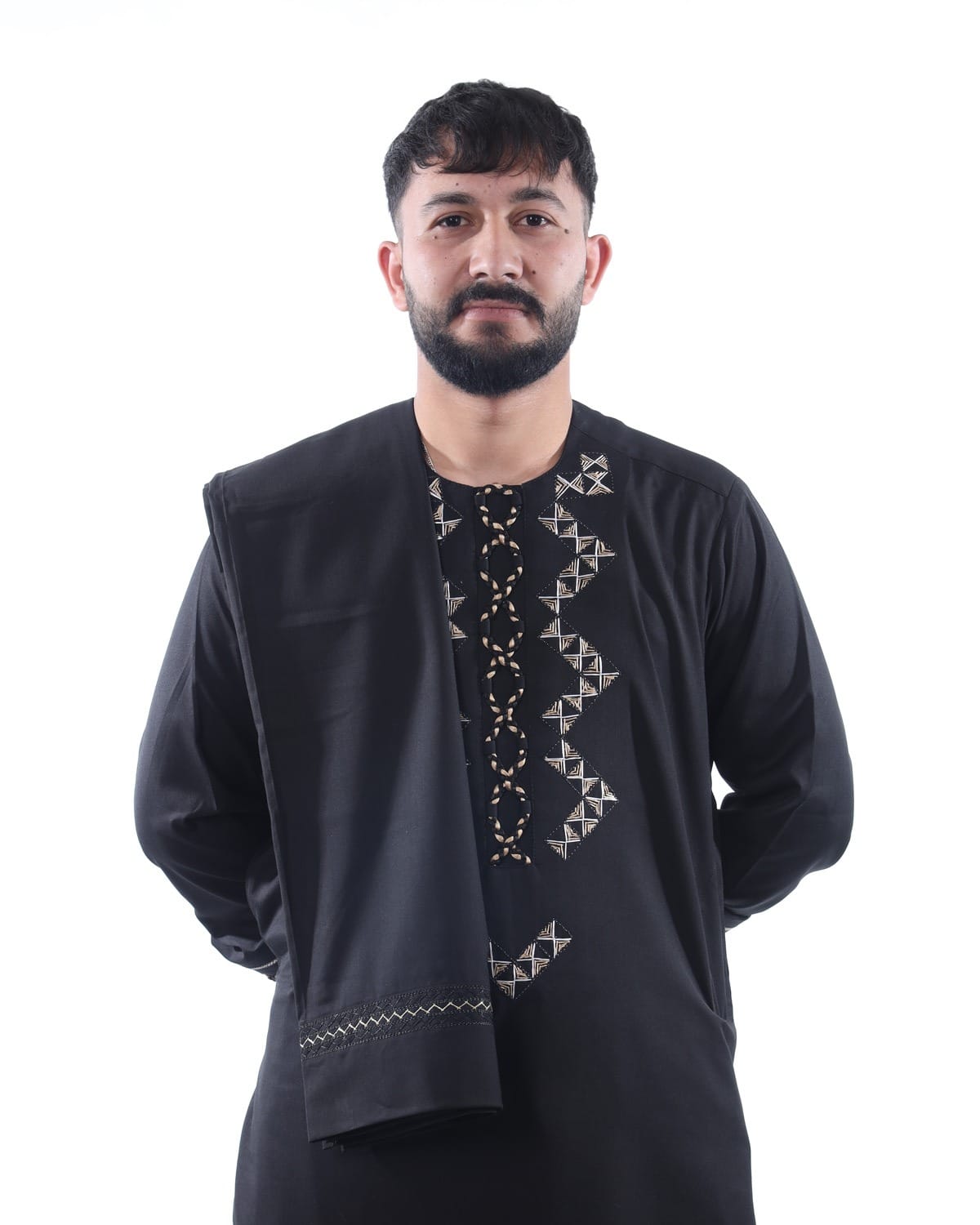 Black Arabic Men Design Pehran Tumban with Shawl