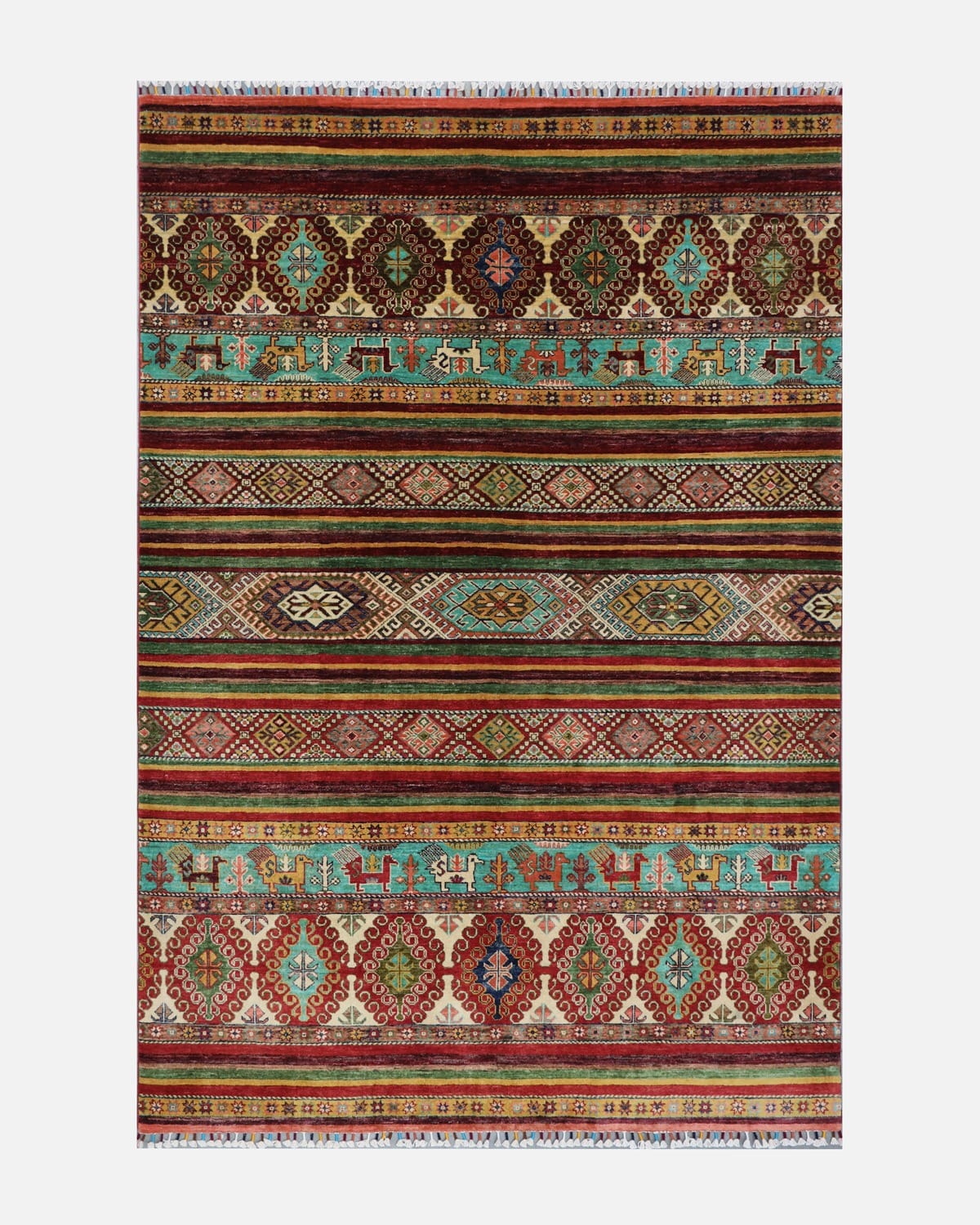 Hand Knotted Afghan Rug, (236x171 cm) – Multi Color Geometric Design Living Room Carpet