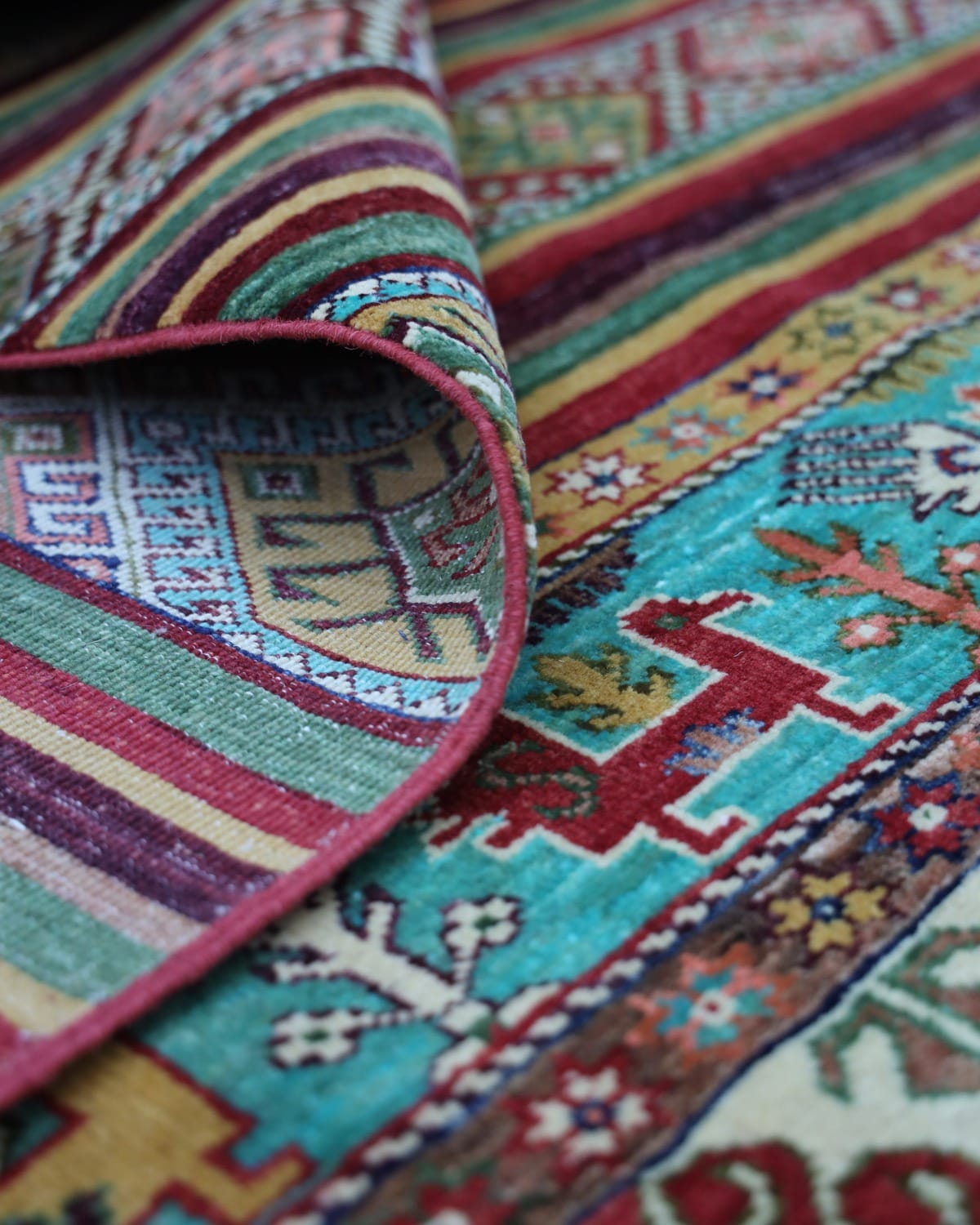 Hand Knotted Afghan Rug, (236x171 cm) – Multi Color Geometric Design Living Room Carpet