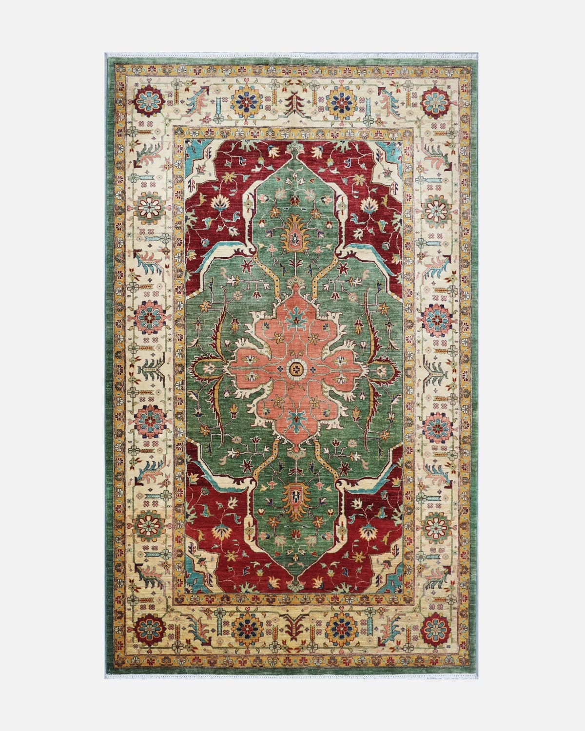 Hand Knotted Afghan Wool Rug, 9.84x6.75 ft (300x206 cm) – Floral Red and Green Haris Design,