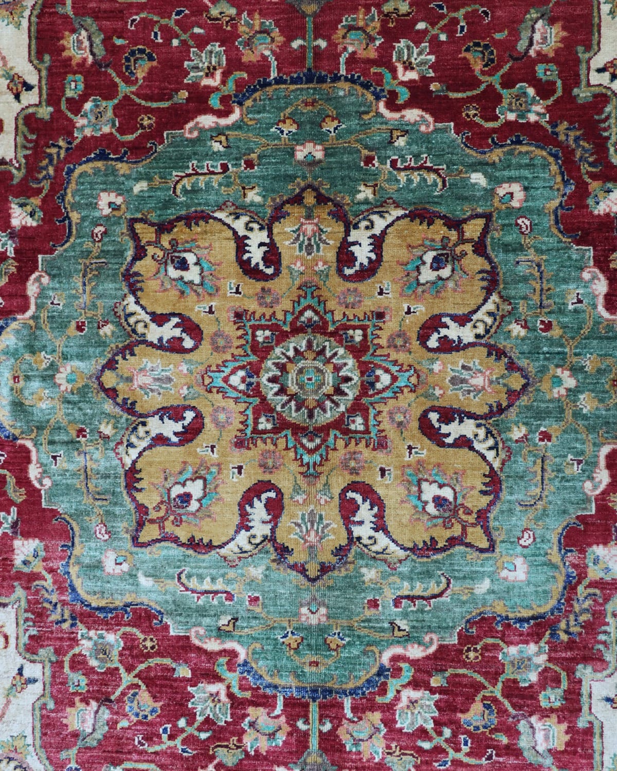 Knotted Wool Rug with Rust Border