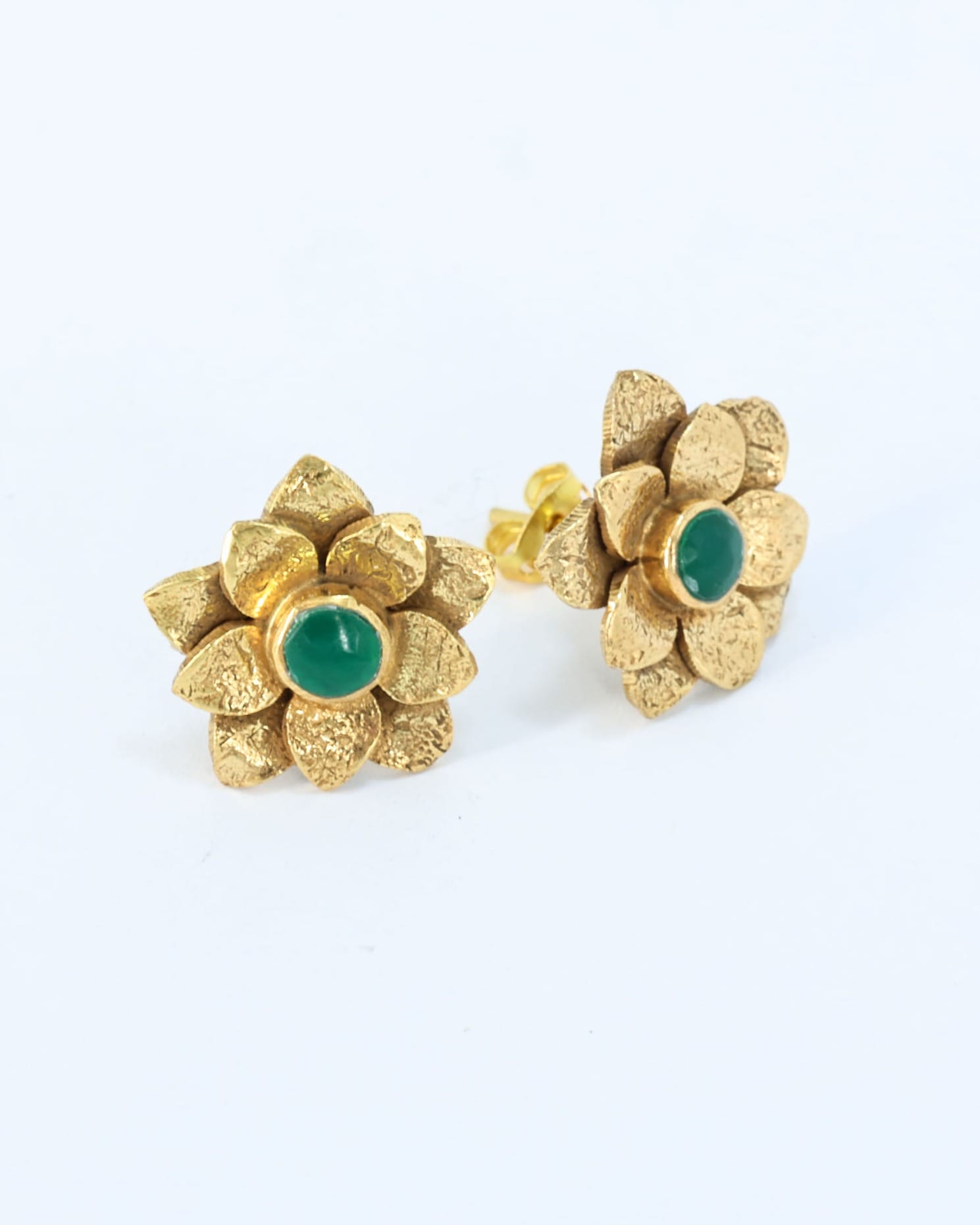 Green Agate Gold Plated Flower Stud Earrings
