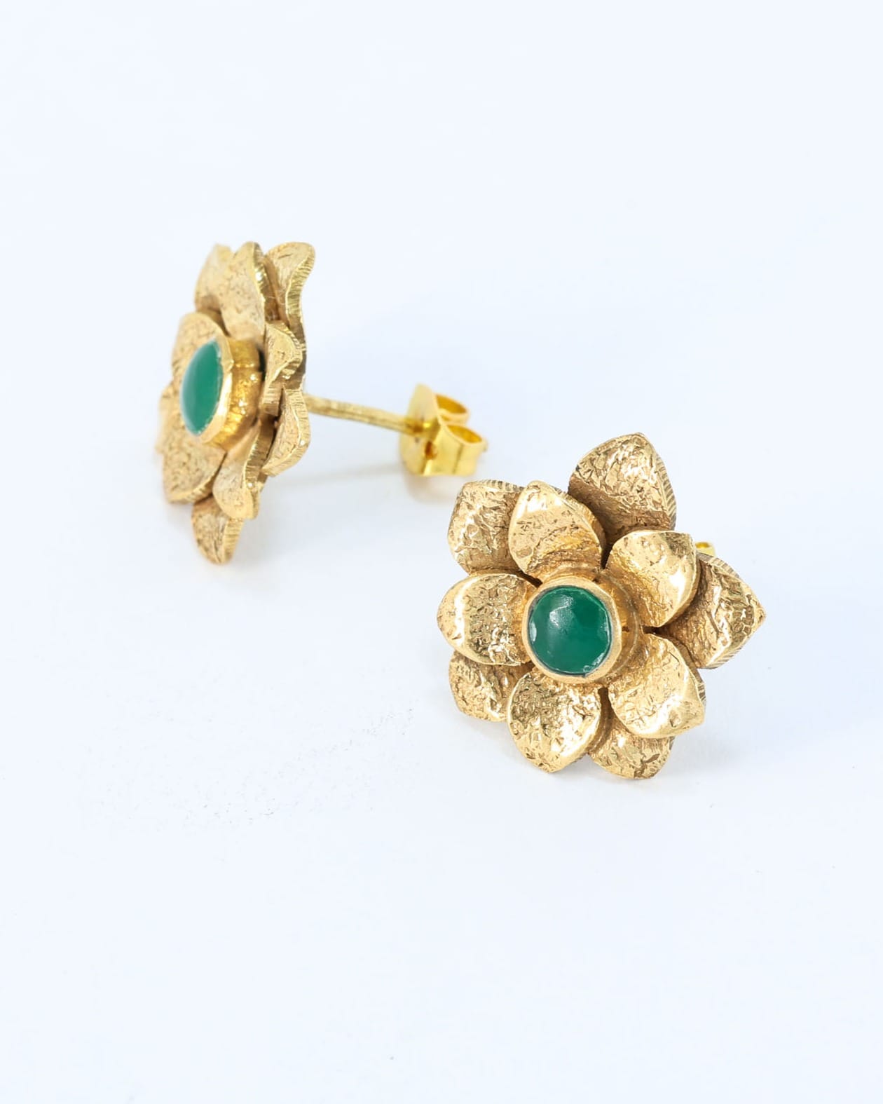 Green Agate Gold Plated Flower Stud Earrings