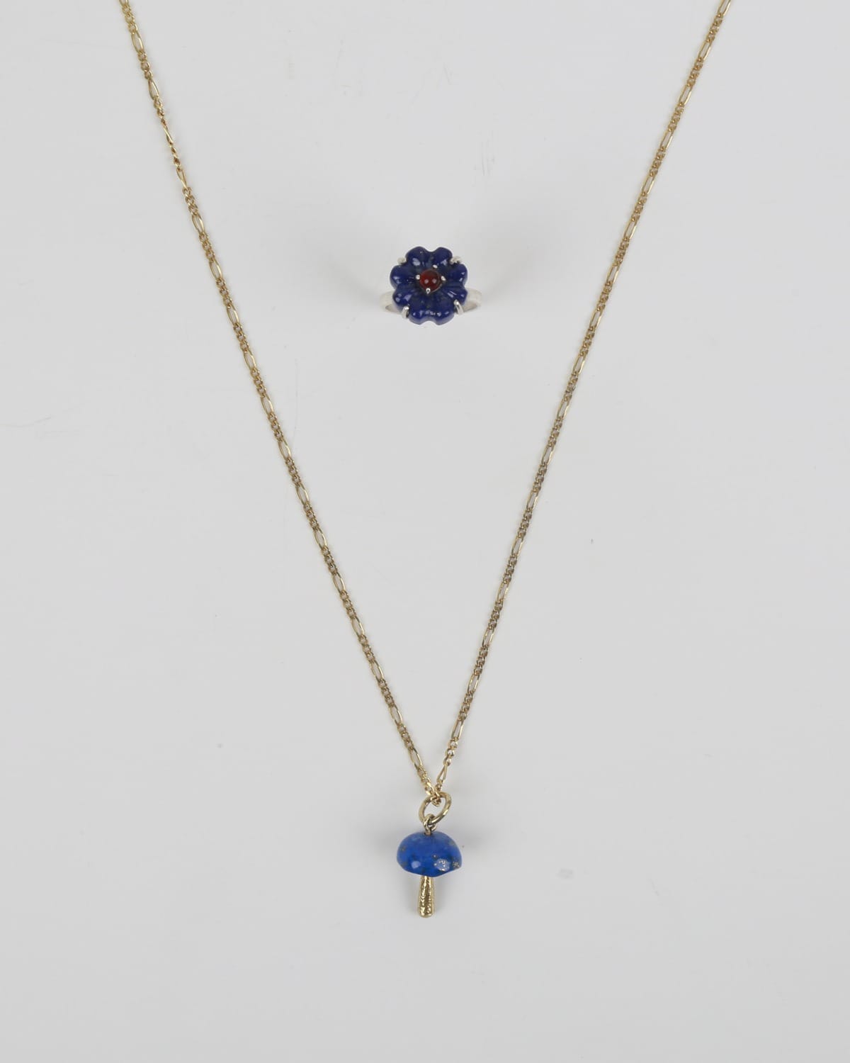 Necklace Set with Lapis Pendant & Flower Ring – Lapis Lazuli & Red Carnelian