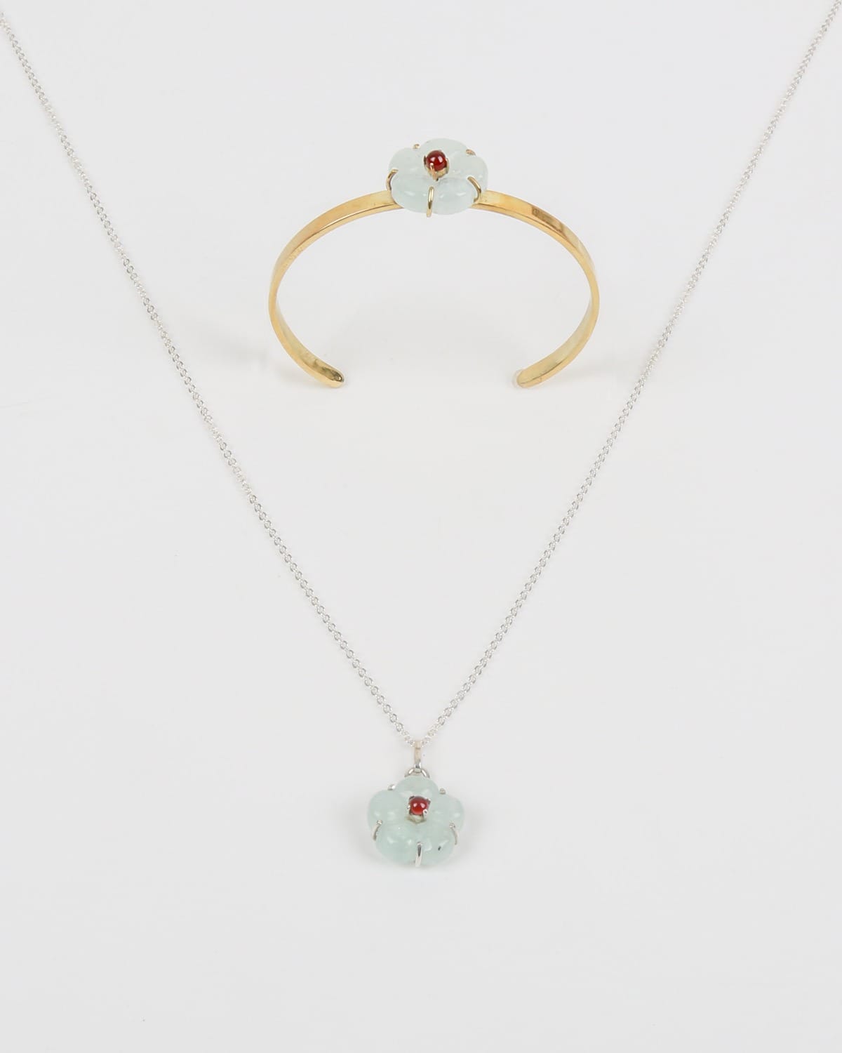 Flower Design Necklace & Bracelet Set – Aquamarine & Red Agate
