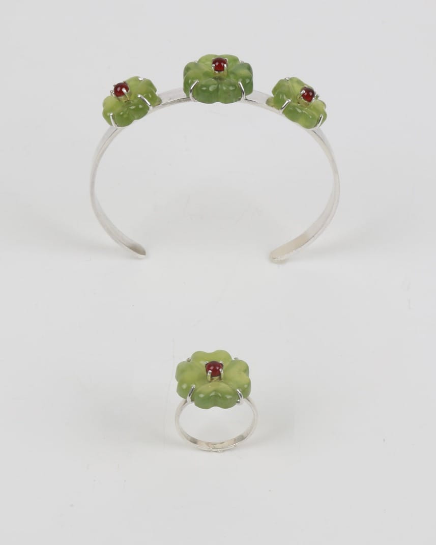 Flower Jewelry Set – Necklace, Ring, Bracelet, Earrings with Shah Maqsood Stone