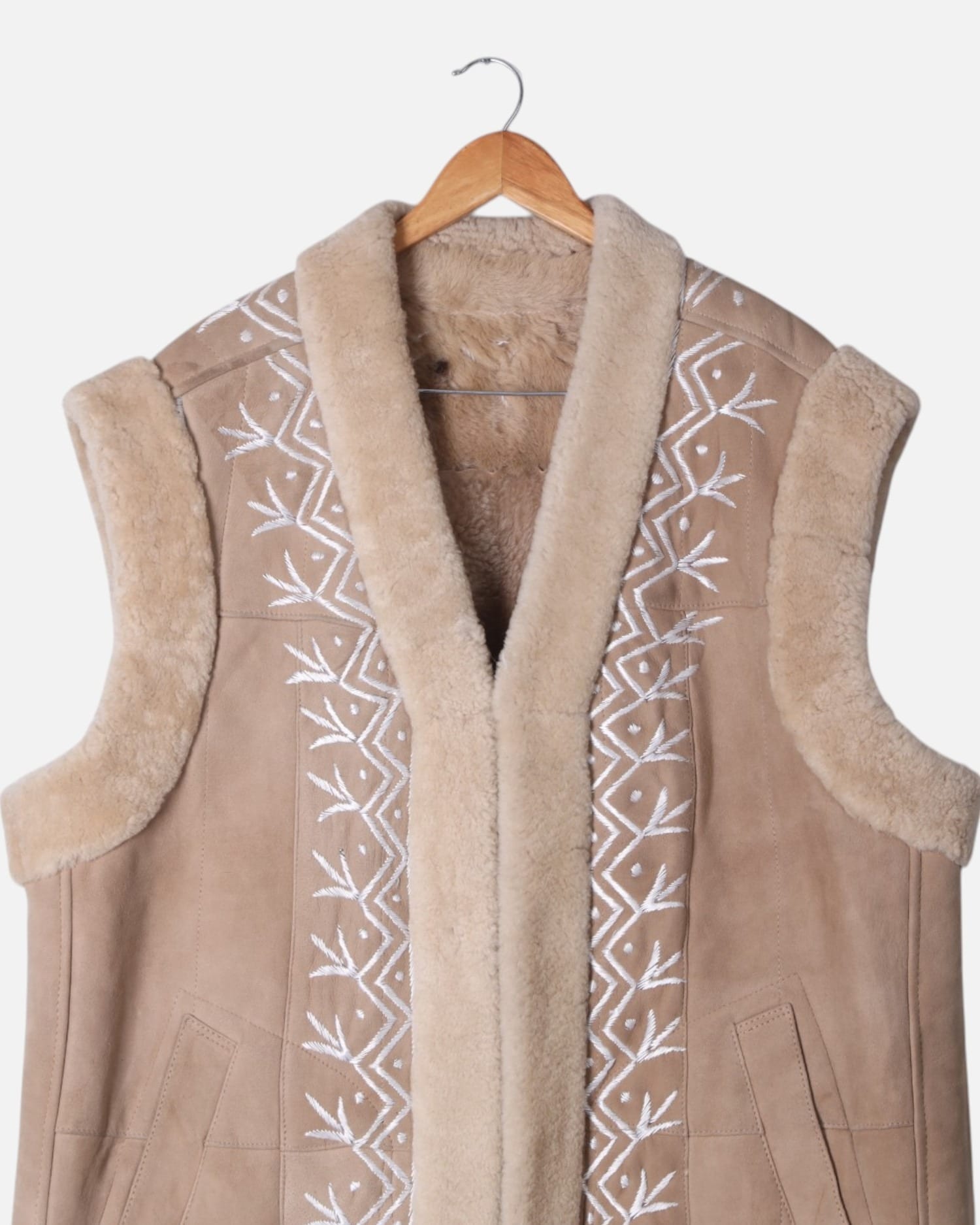 Beige Embroidered Shearling Vest