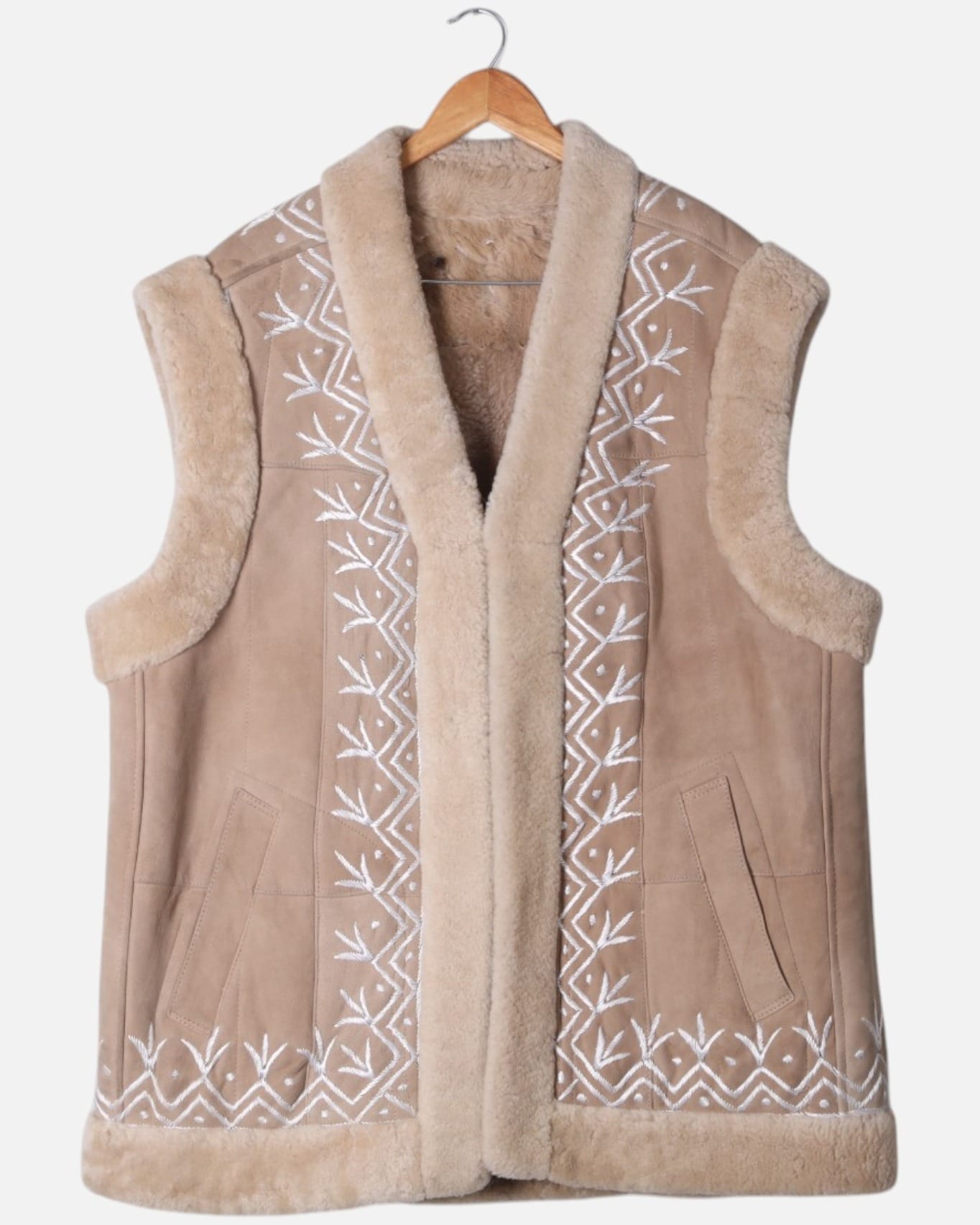 Beige Embroidered Shearling Vest