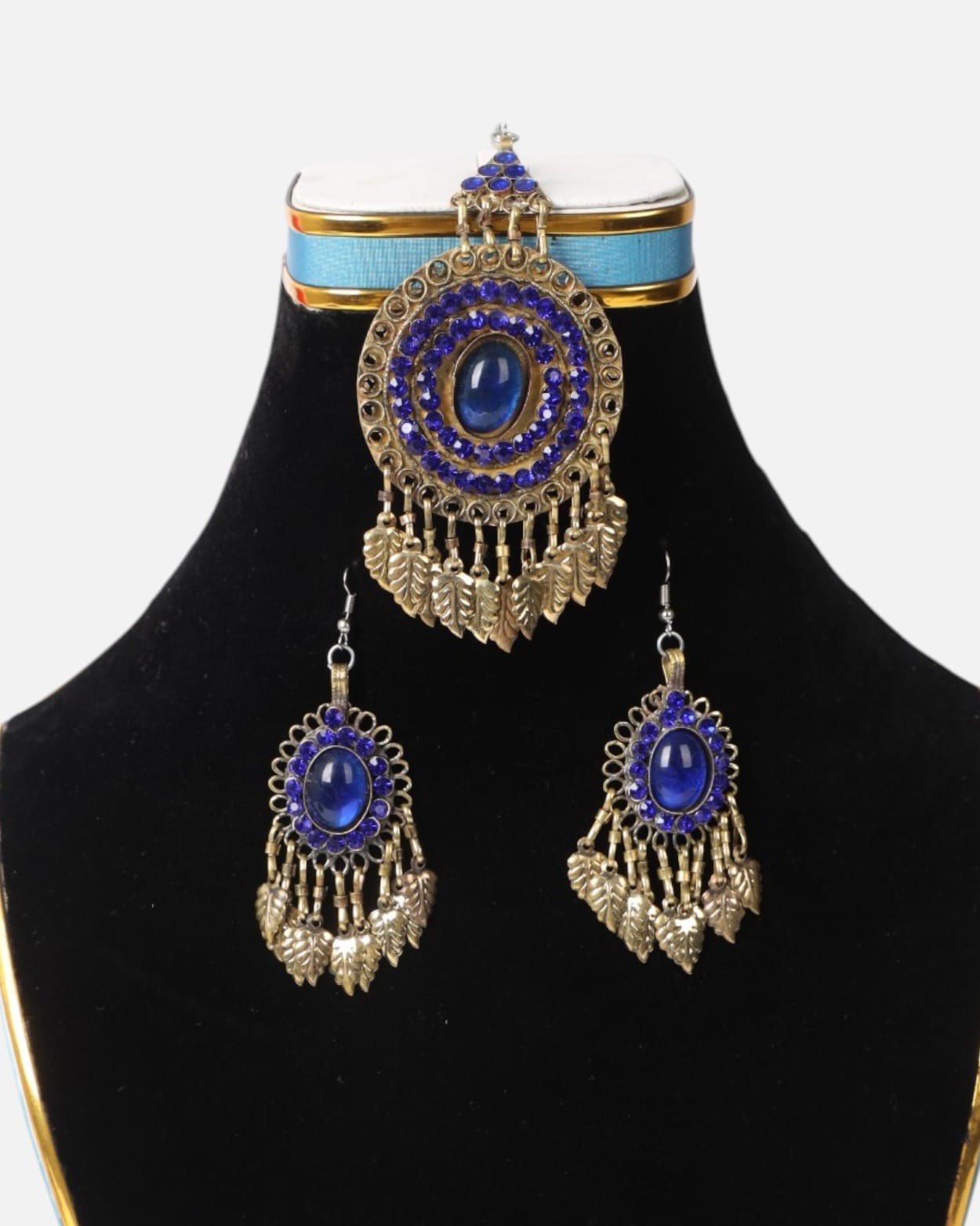 Blue Gem Afghan Choker Set (Necklace, Matika & Earrings)