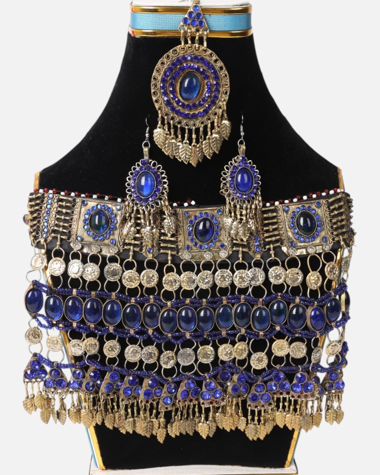 Blue Gem Afghan Choker Set (Necklace, Matika & Earrings)