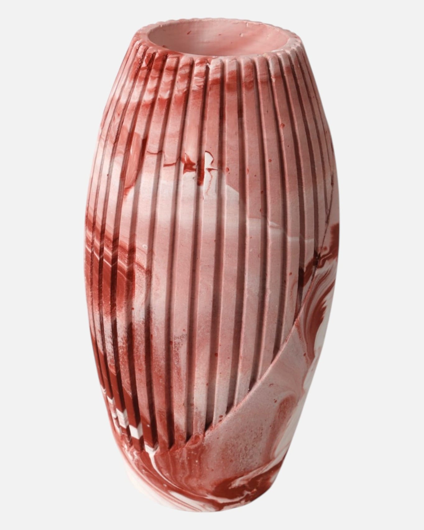 Decorative Ribbed Vase – Red & White Marble Design