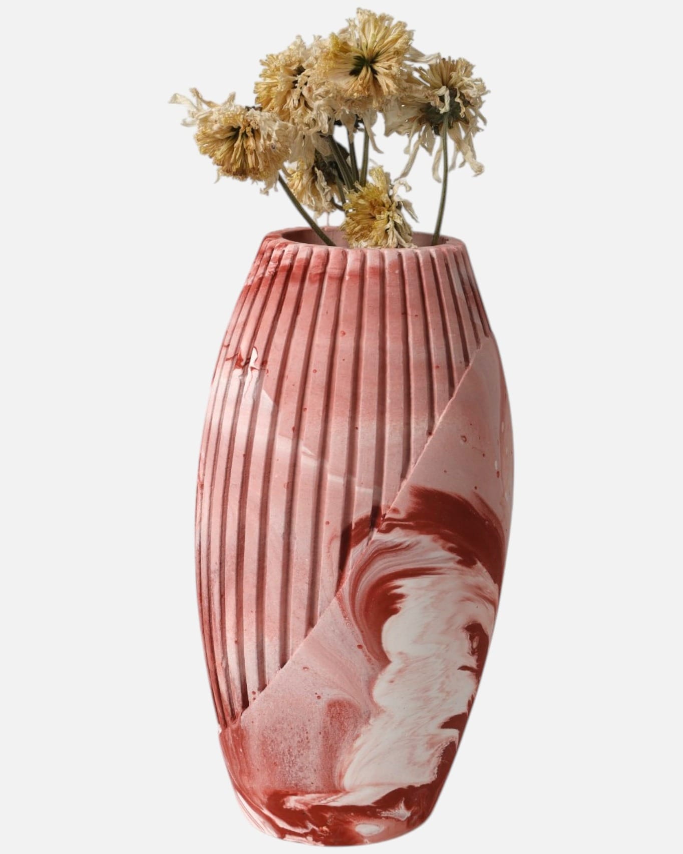 Decorative Ribbed Vase – Red & White Marble Design