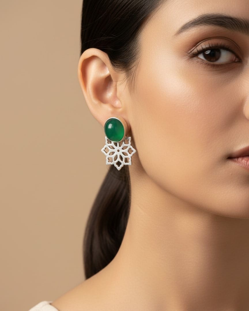 Green Agate Silver Earrings – 925 Floral Drop Design