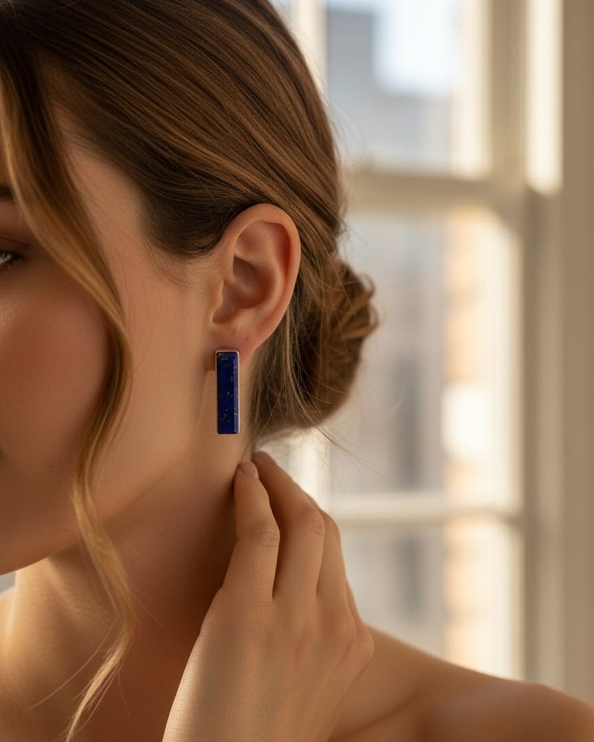 Lapis Lazuli Bar Earrings – 925 Silver Minimal Studs