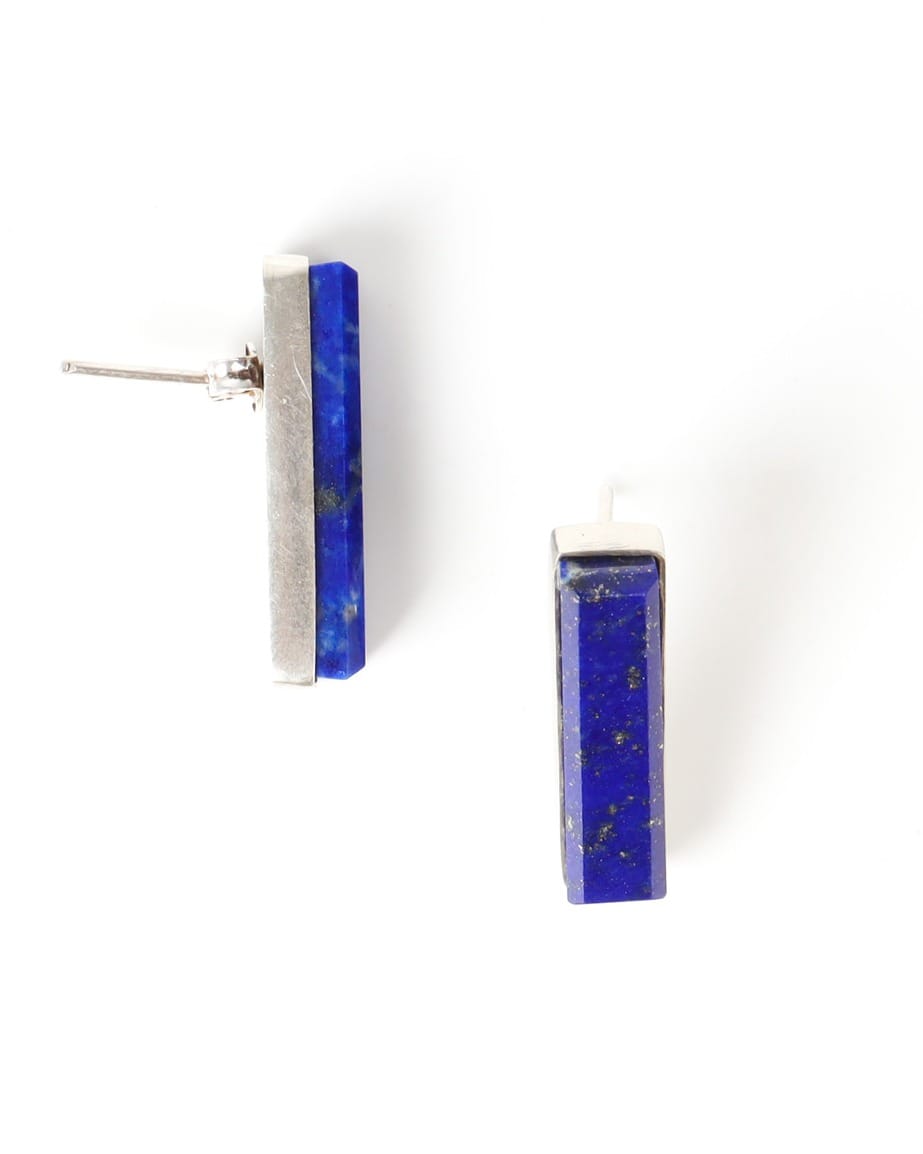 Lapis Lazuli Bar Earrings – 925 Silver Minimal Studs