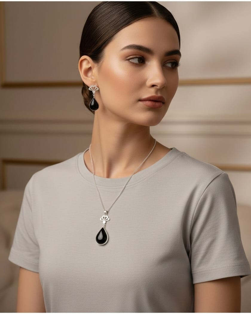 Black Agate Teardrop Set – 925 Silver Necklace & Earrings