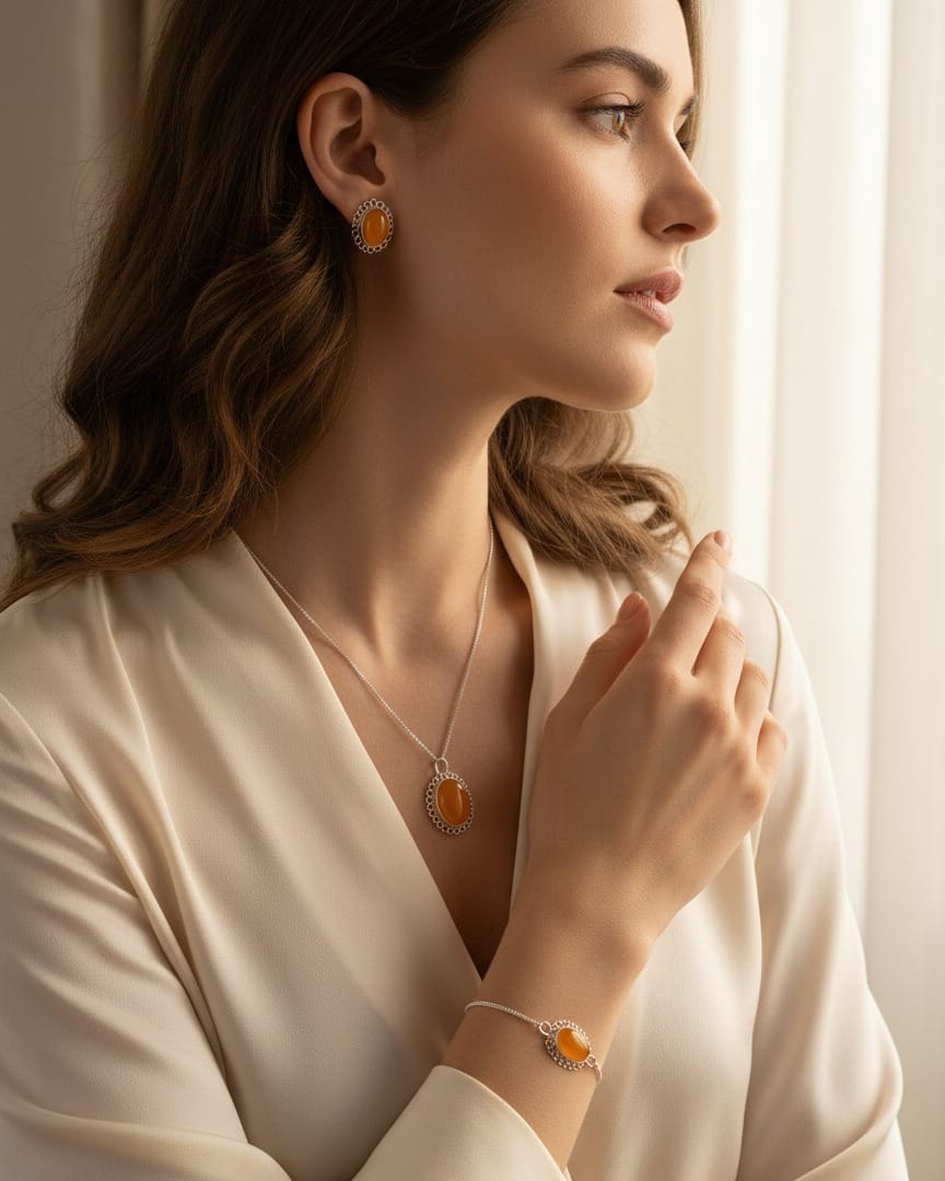 Yellow Agate Sun Set – 925 Silver Necklace, Earrings & Bracelet