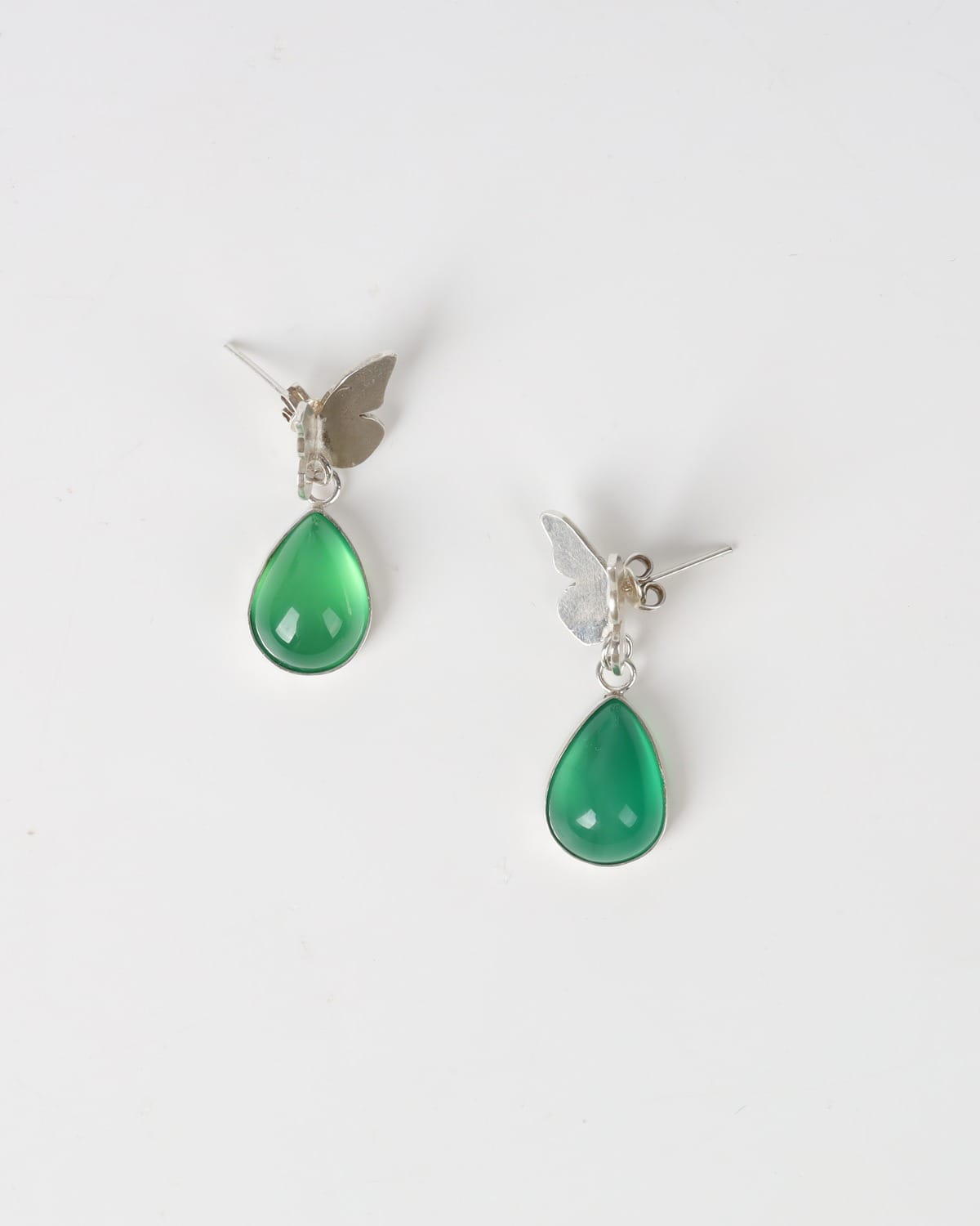 Green Agate Butterfly Drop Earrings – 925 Silver