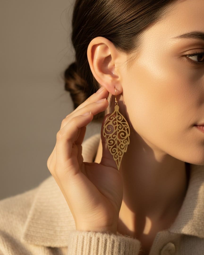 Filigree Leaf Earrings – Bronze Drop Design