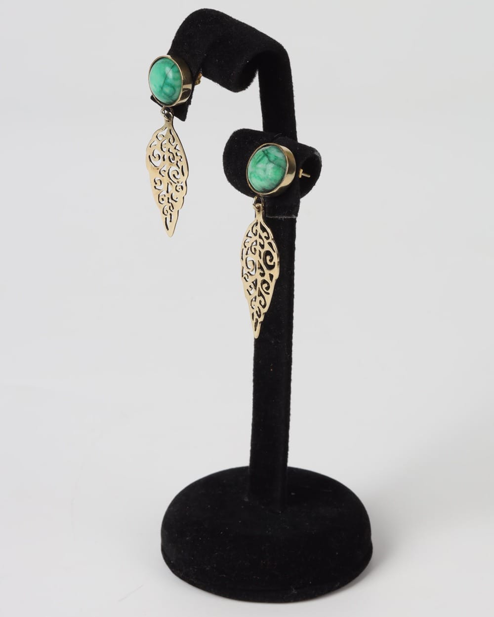 Malachite Leaf Drop Earrings – Bronze Filigree Design