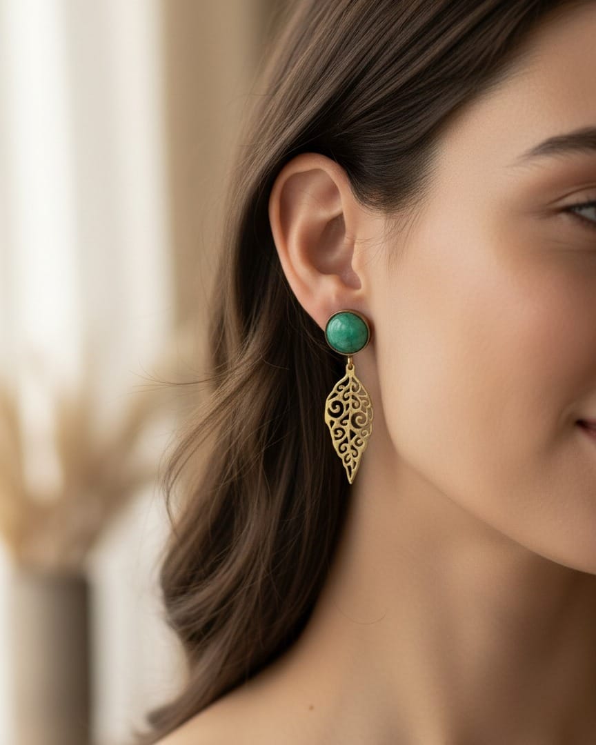 Malachite Leaf Drop Earrings – Bronze Filigree Design