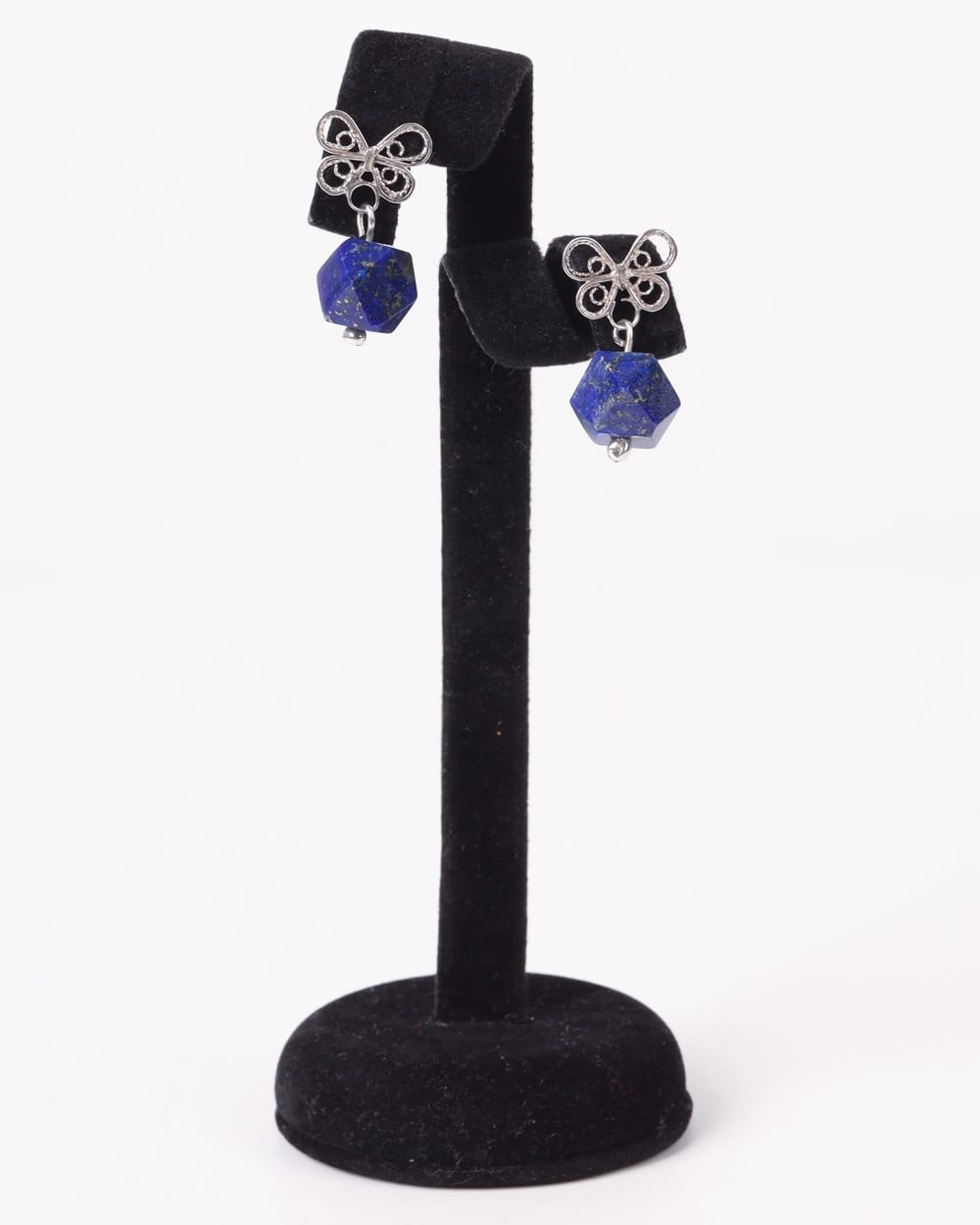 Lapis Lazuli Cube Drop Earrings – 925 Silver Butterfly Design