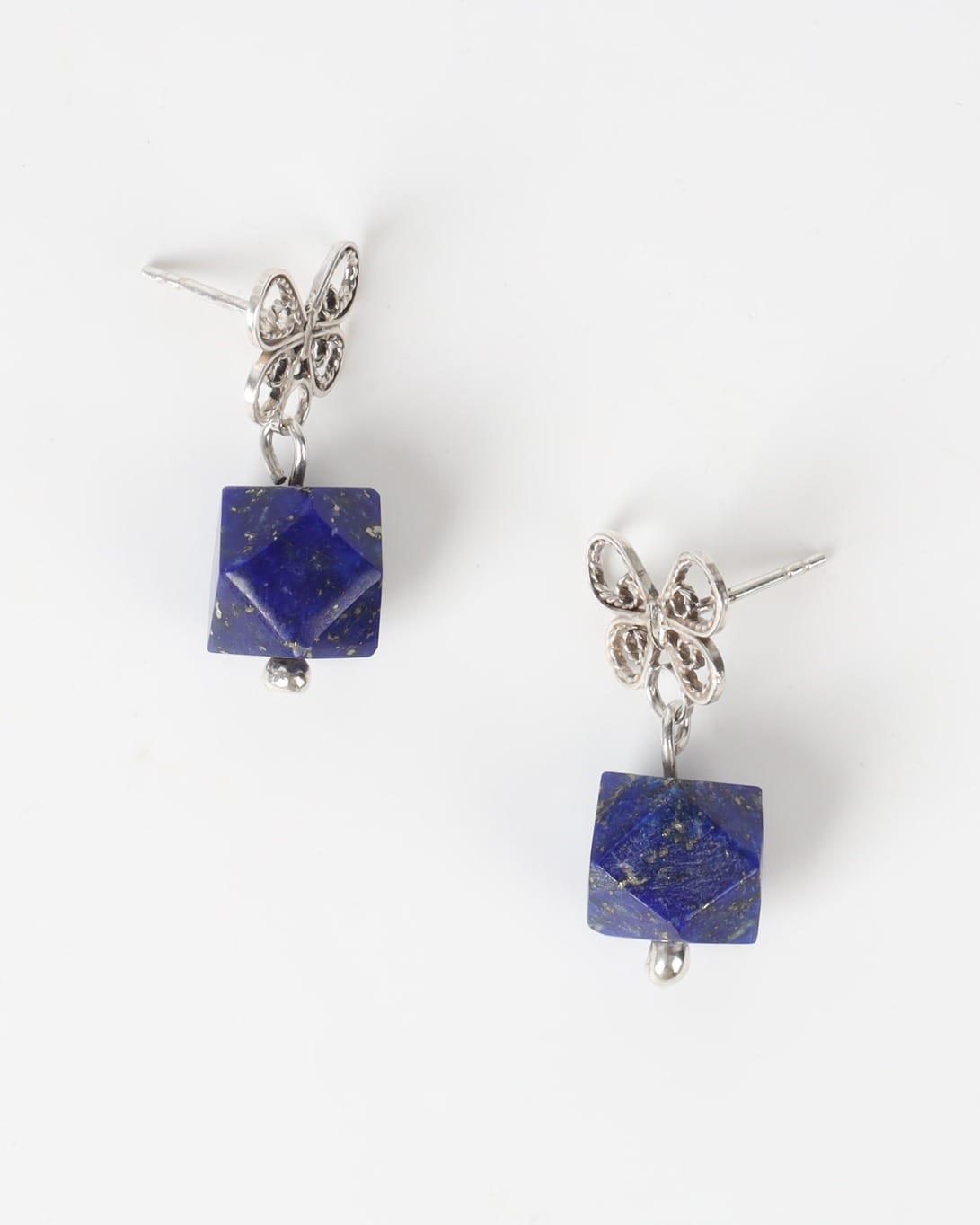 Lapis Lazuli Cube Drop Earrings – 925 Silver Butterfly Design