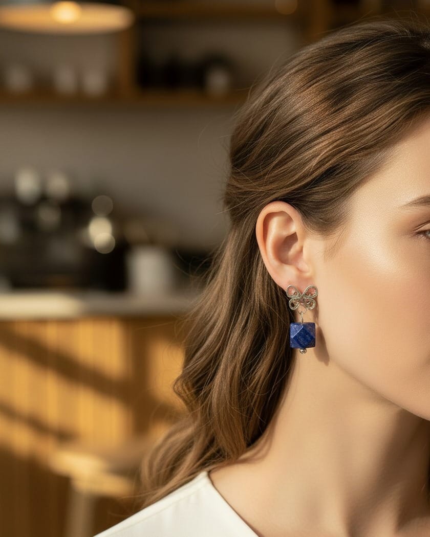 Lapis Lazuli Cube Drop Earrings – 925 Silver Butterfly Design