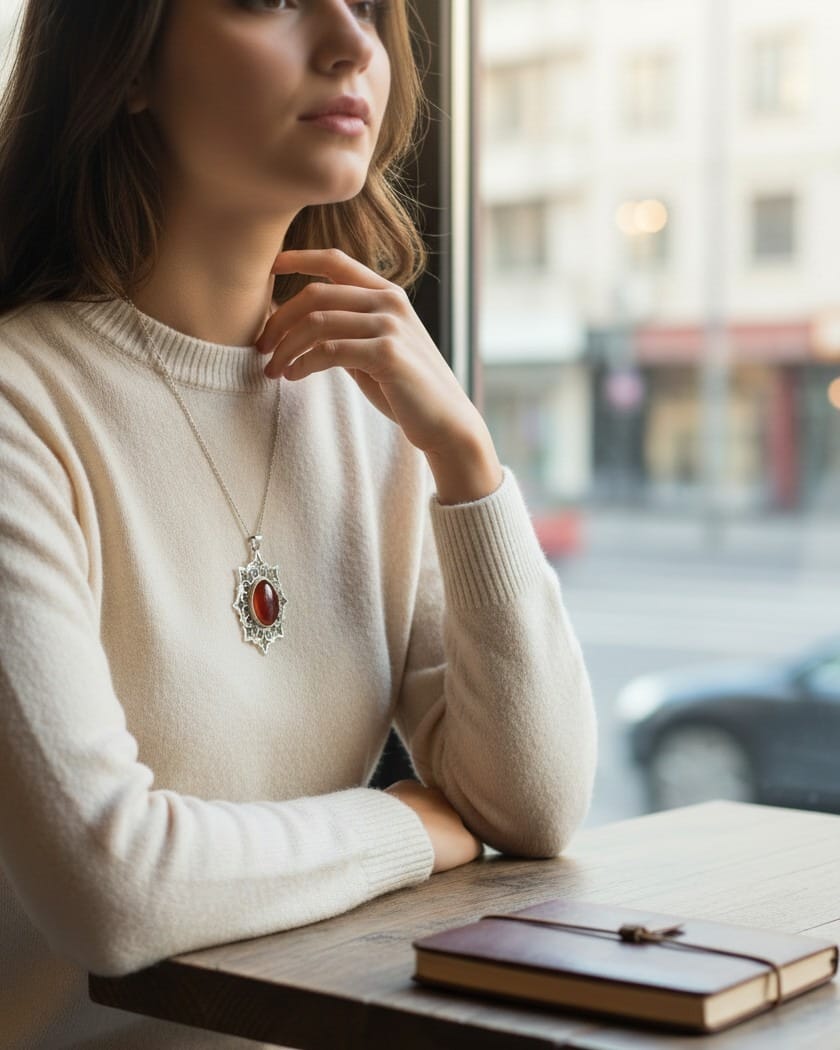 Red Agate Necklace – 925 Sterling Silver Pendant with Oval Gemstone