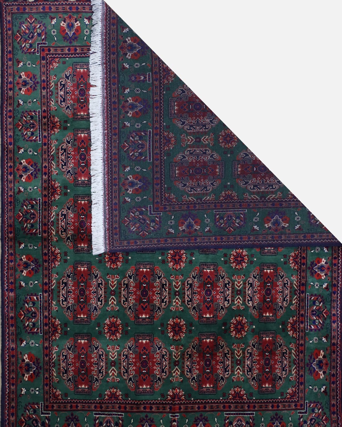 Handmade Fatnosi Design Carpet – Red & Green Turkmen Mazar i Sharif Weave