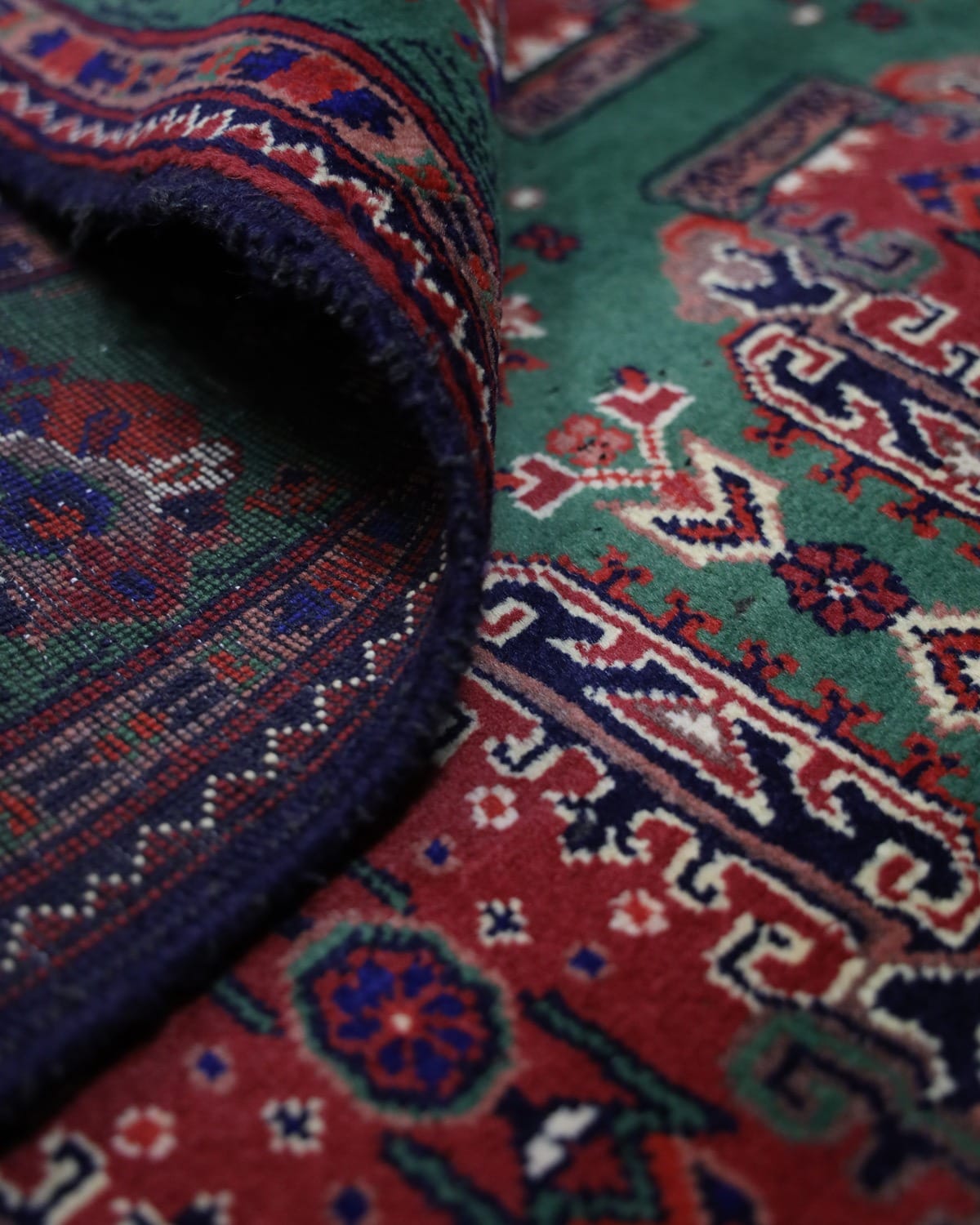 Handmade Fatnosi Design Carpet – Red & Green Turkmen Mazar i Sharif Weave