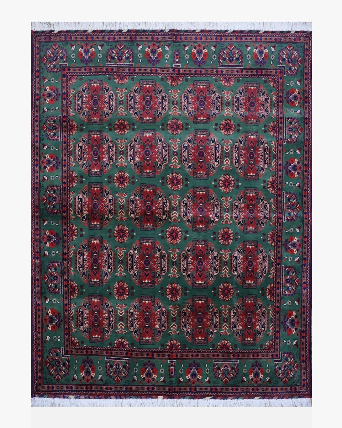 Handmade Fatnosi Design Carpet – Red & Green Turkmen Mazar i Sharif Weave