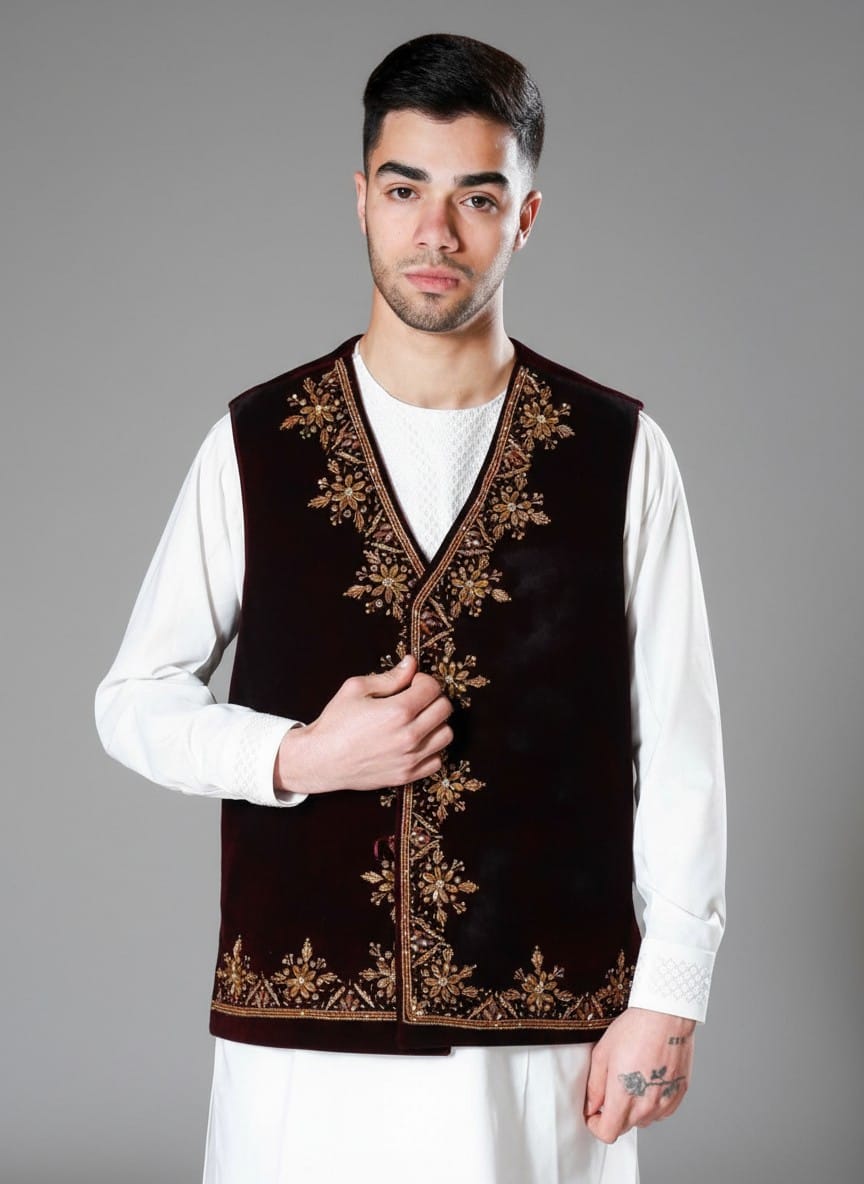 Selma Dozie Men Waistcoat with Embroidery Burgundy