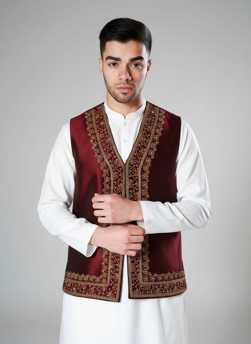 Velvet Men Selma Dozi Waistcoat with Embroidery Burgundy Color