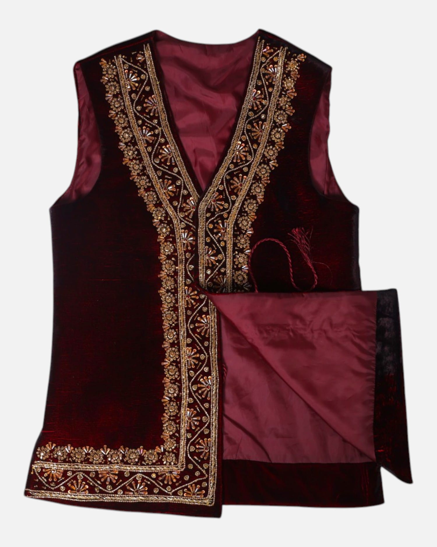 Velvet Men Selma Dozi Waistcoat with Embroidery Burgundy Color